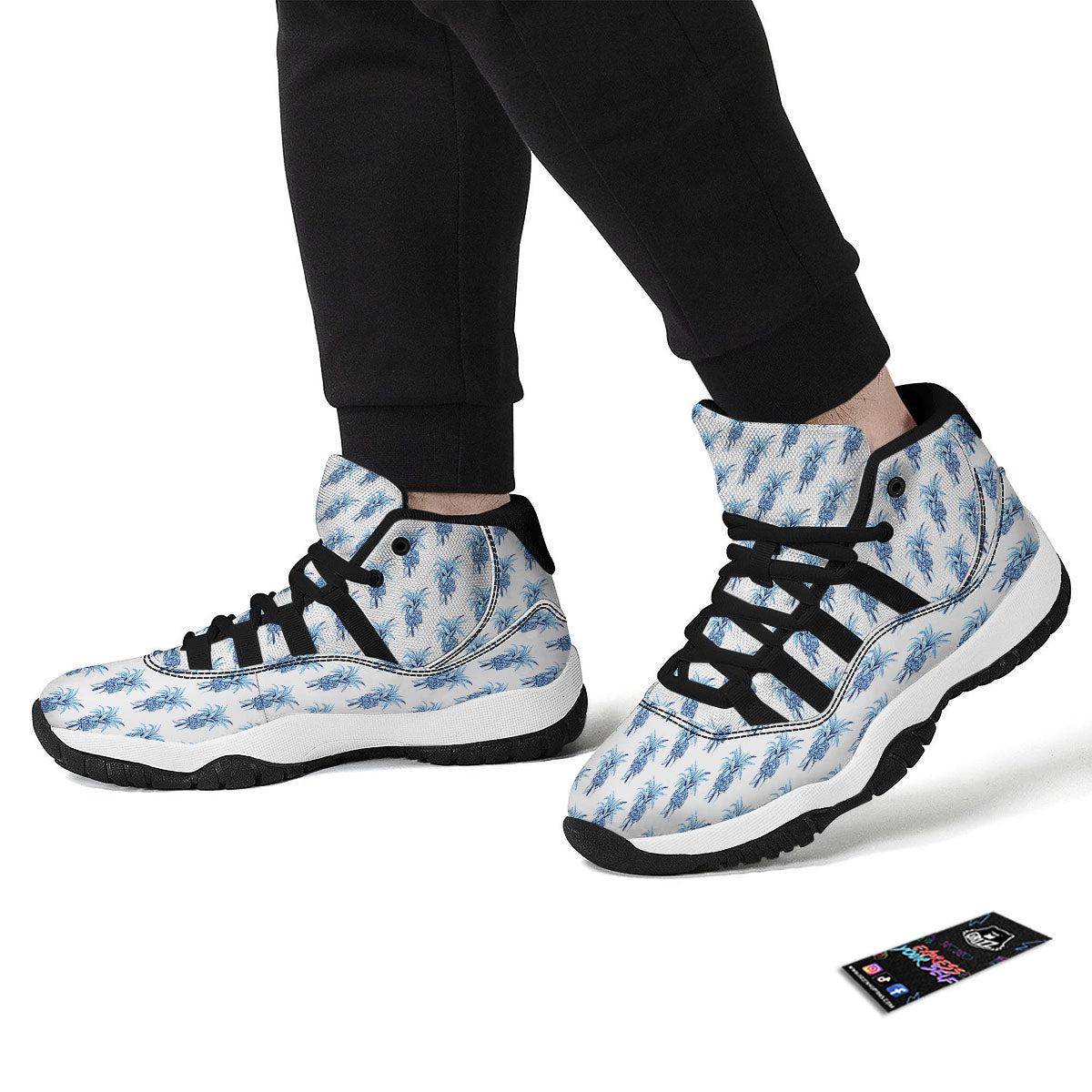 Pineapple Blue Leaf Print Pattern Black Bball Shoes-grizzshop