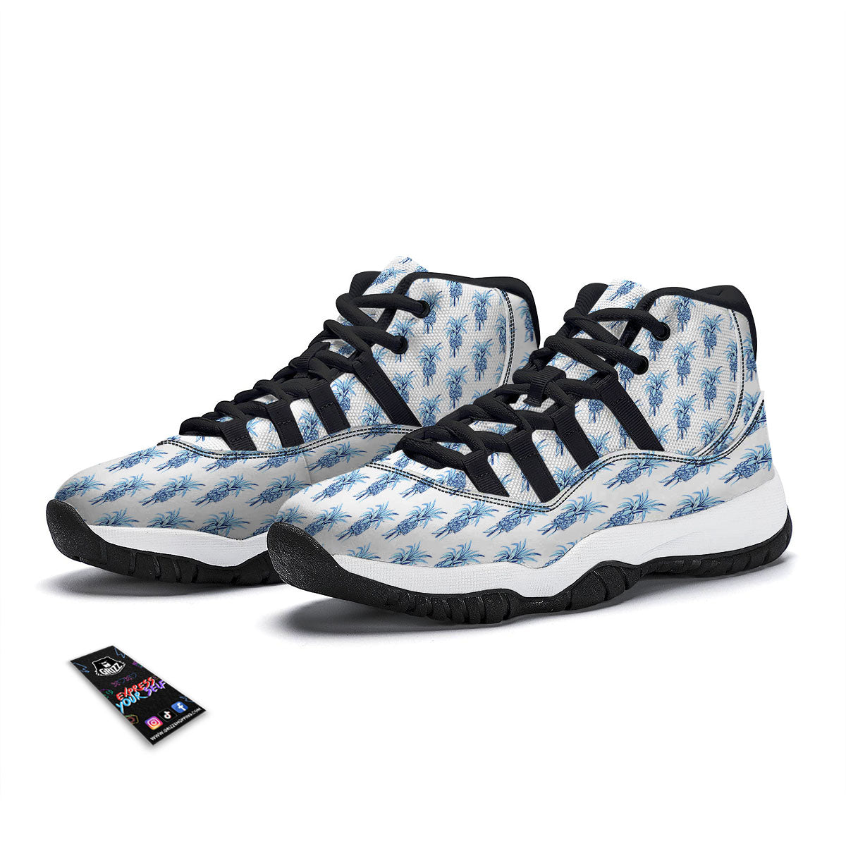 Pineapple Blue Leaf Print Pattern Black Bball Shoes-grizzshop