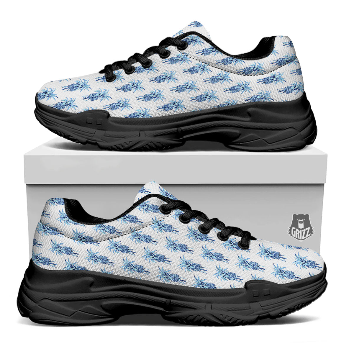 Pineapple Blue Leaf Print Pattern Black Chunky Shoes-grizzshop