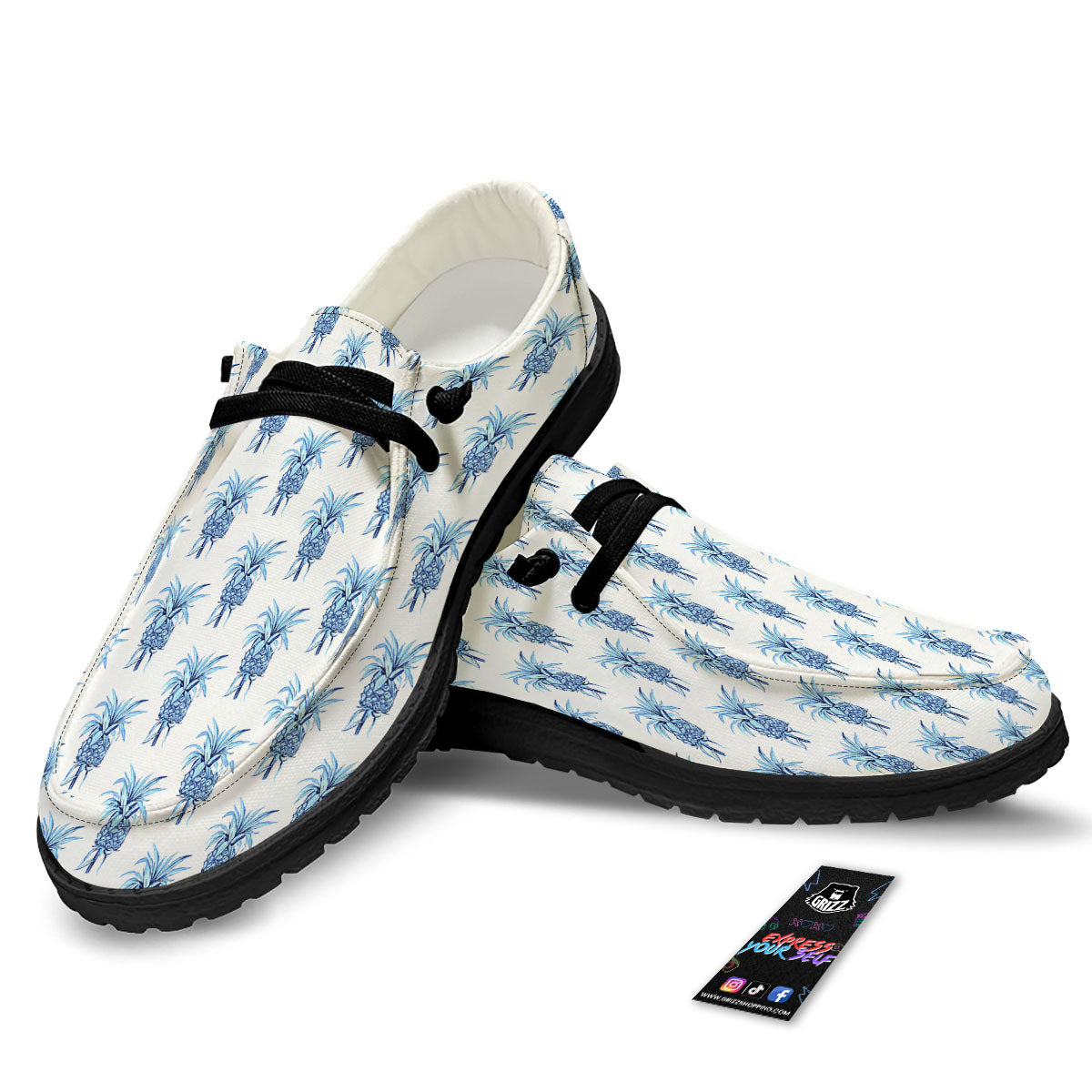 Pineapple Blue Leaf Print Pattern Black Loafers-grizzshop