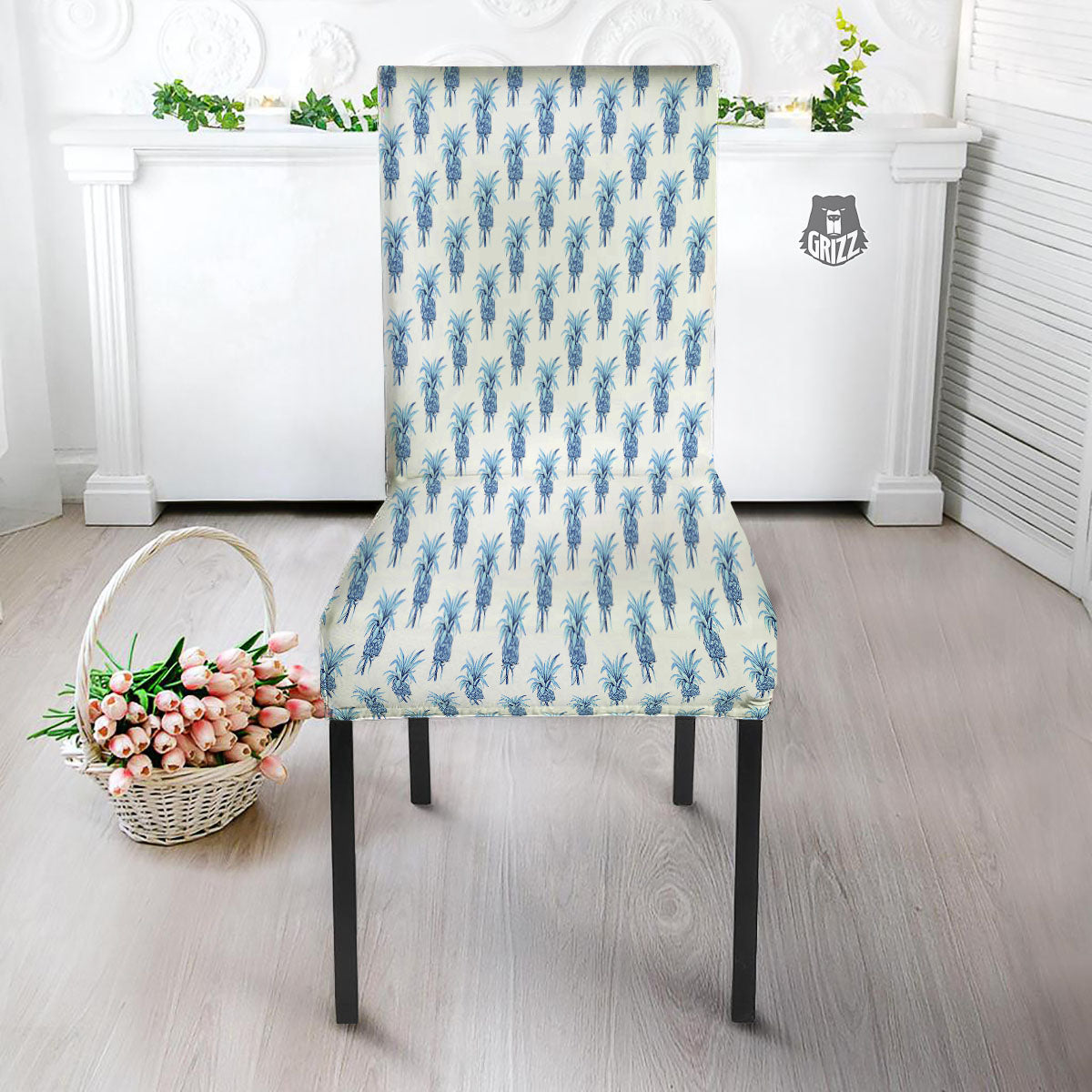 Pineapple Blue Leaf Print Pattern Dining Chair Slipcover-grizzshop