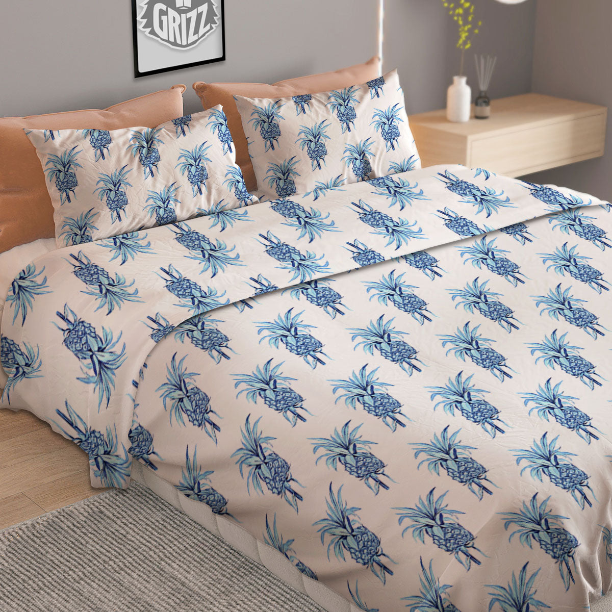 Pineapple Blue Leaf Print Pattern Duvet Cover Bedding Set-grizzshop