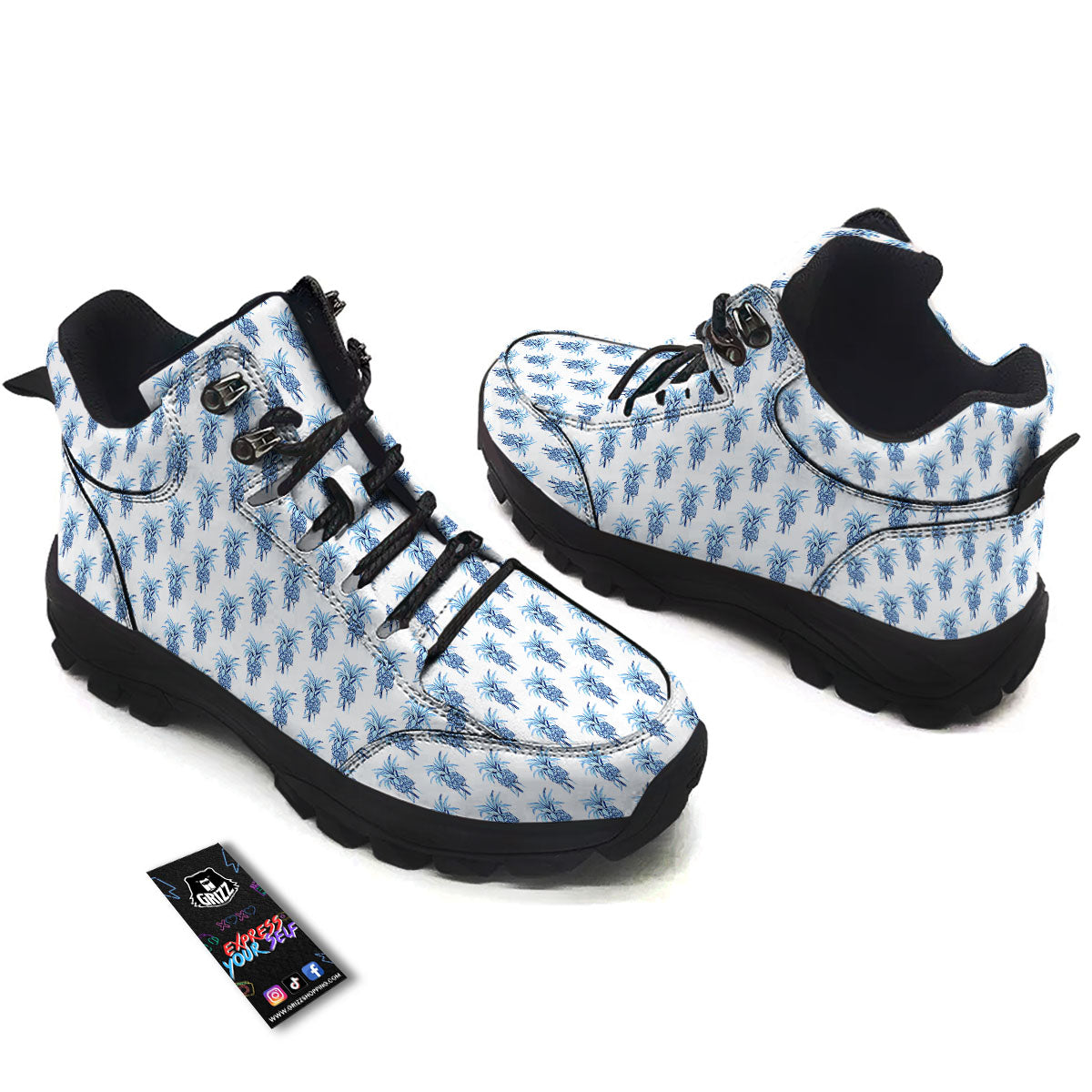 Pineapple Blue Leaf Print Pattern Hiking Shoes-grizzshop