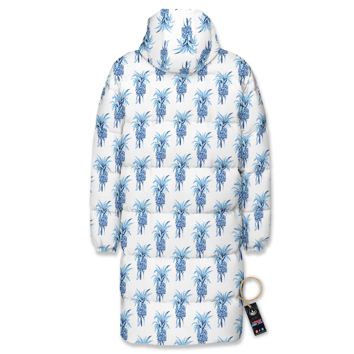 Pineapple Blue Leaf Print Pattern Long Down Jacket-grizzshop