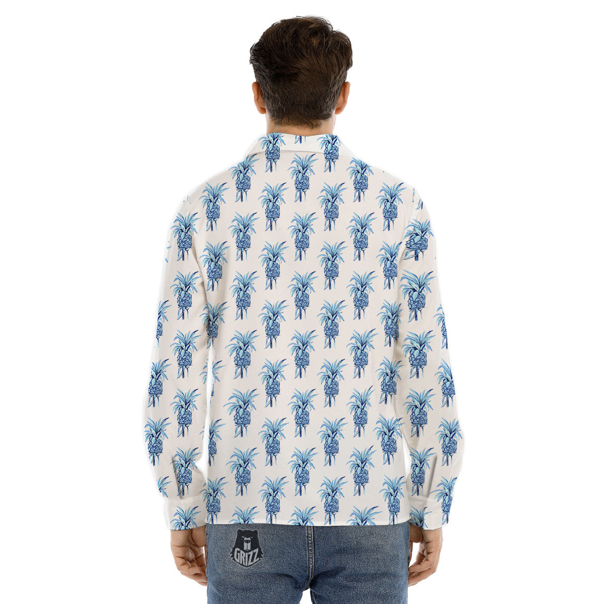 Pineapple Blue Leaf Print Pattern Men's Dress Shirts-grizzshop