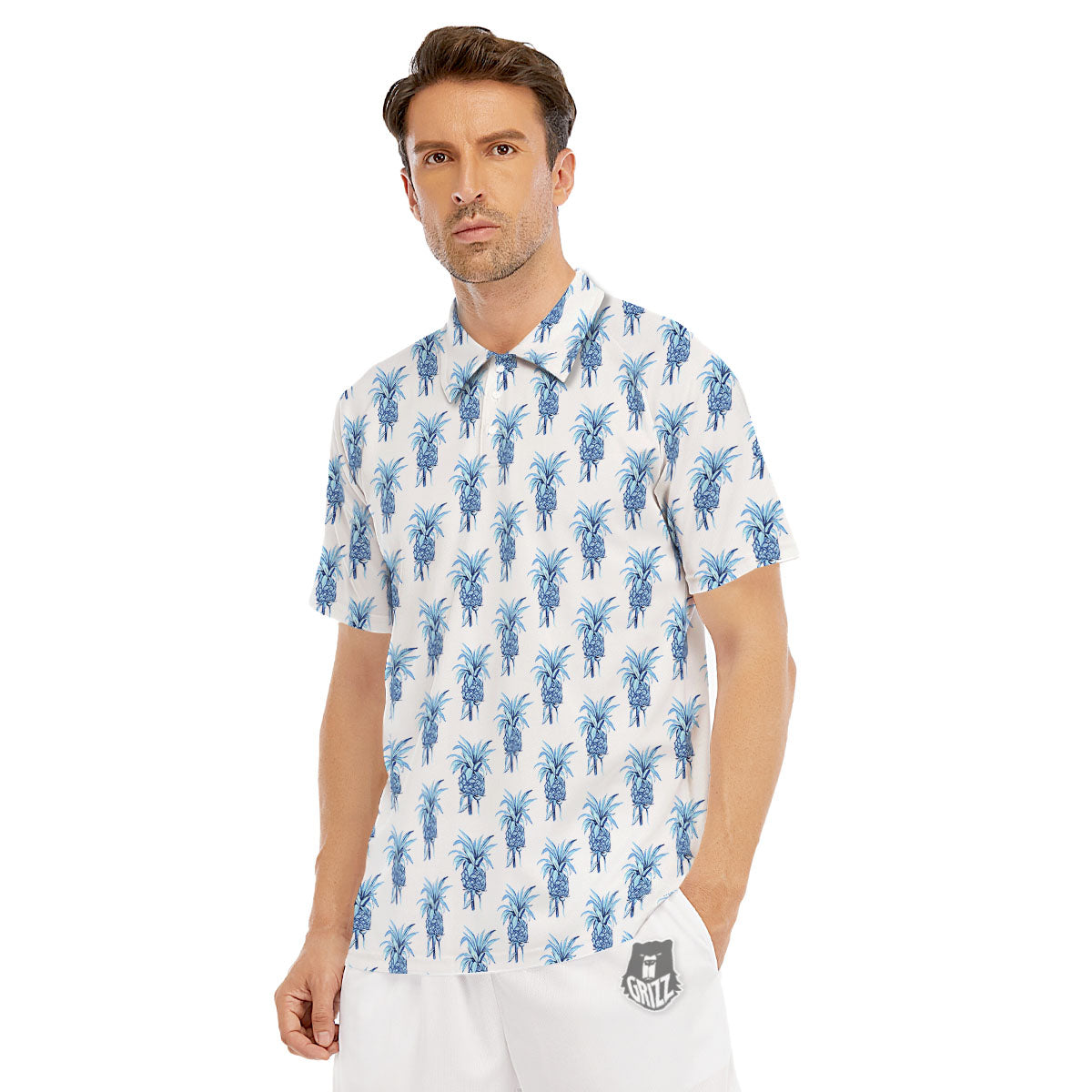 Pineapple Blue Leaf Print Pattern Men's Golf Shirts-grizzshop