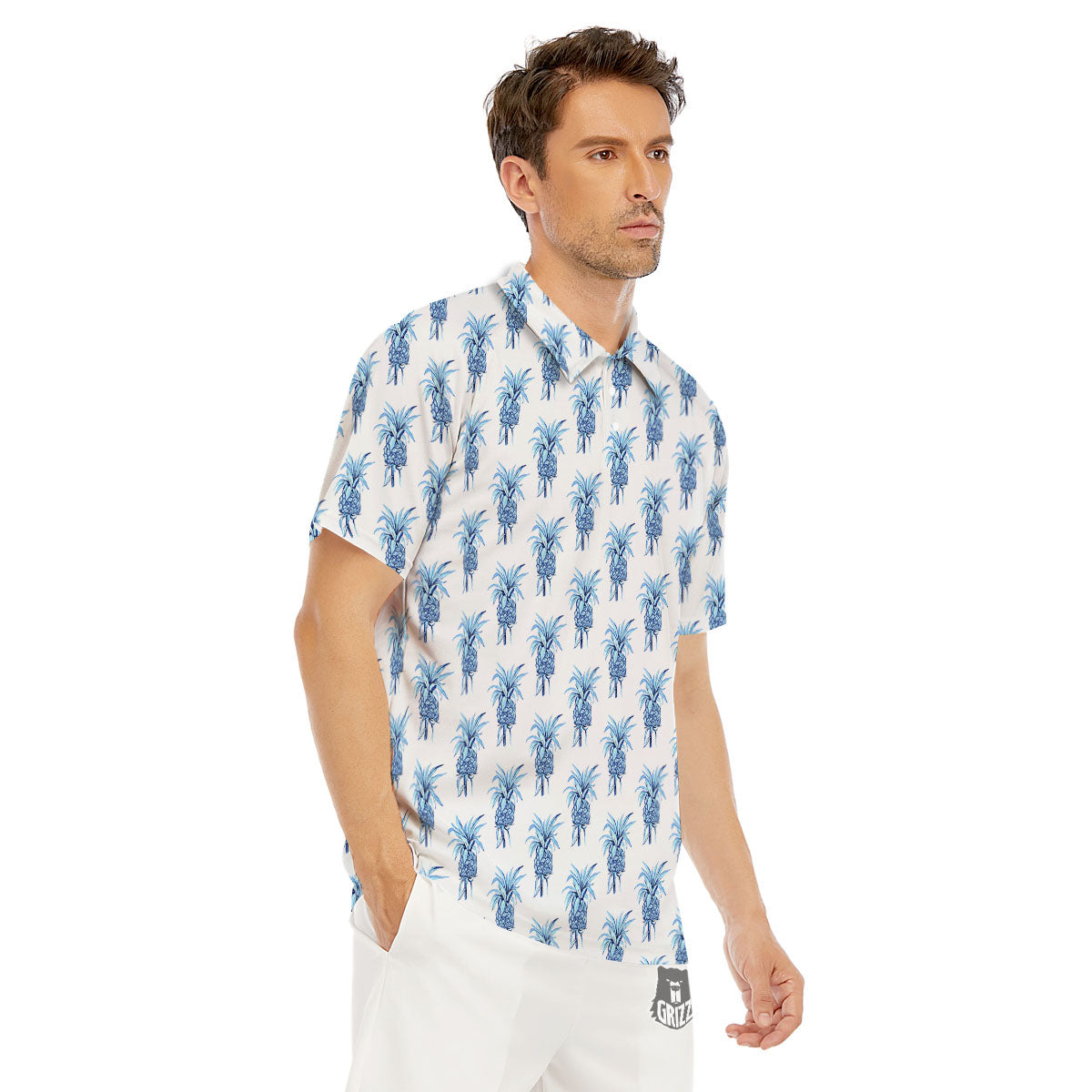 Pineapple Blue Leaf Print Pattern Men's Golf Shirts-grizzshop