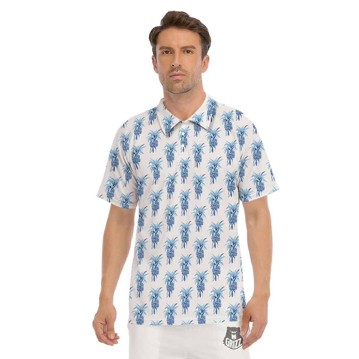 Pineapple Blue Leaf Print Pattern Men's Golf Shirts-grizzshop