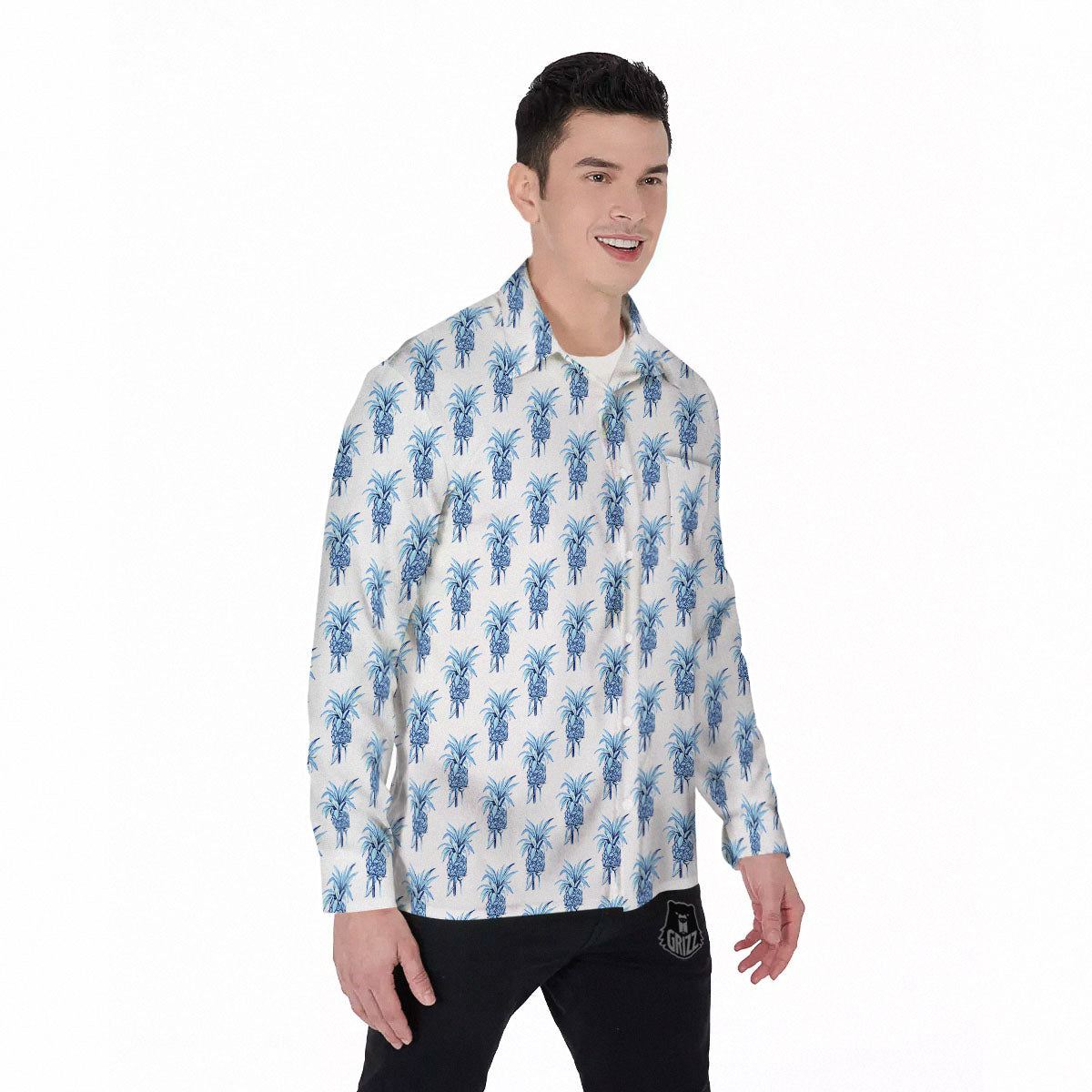 Pineapple Blue Leaf Print Pattern Men's Long Sleeve Shirts-grizzshop