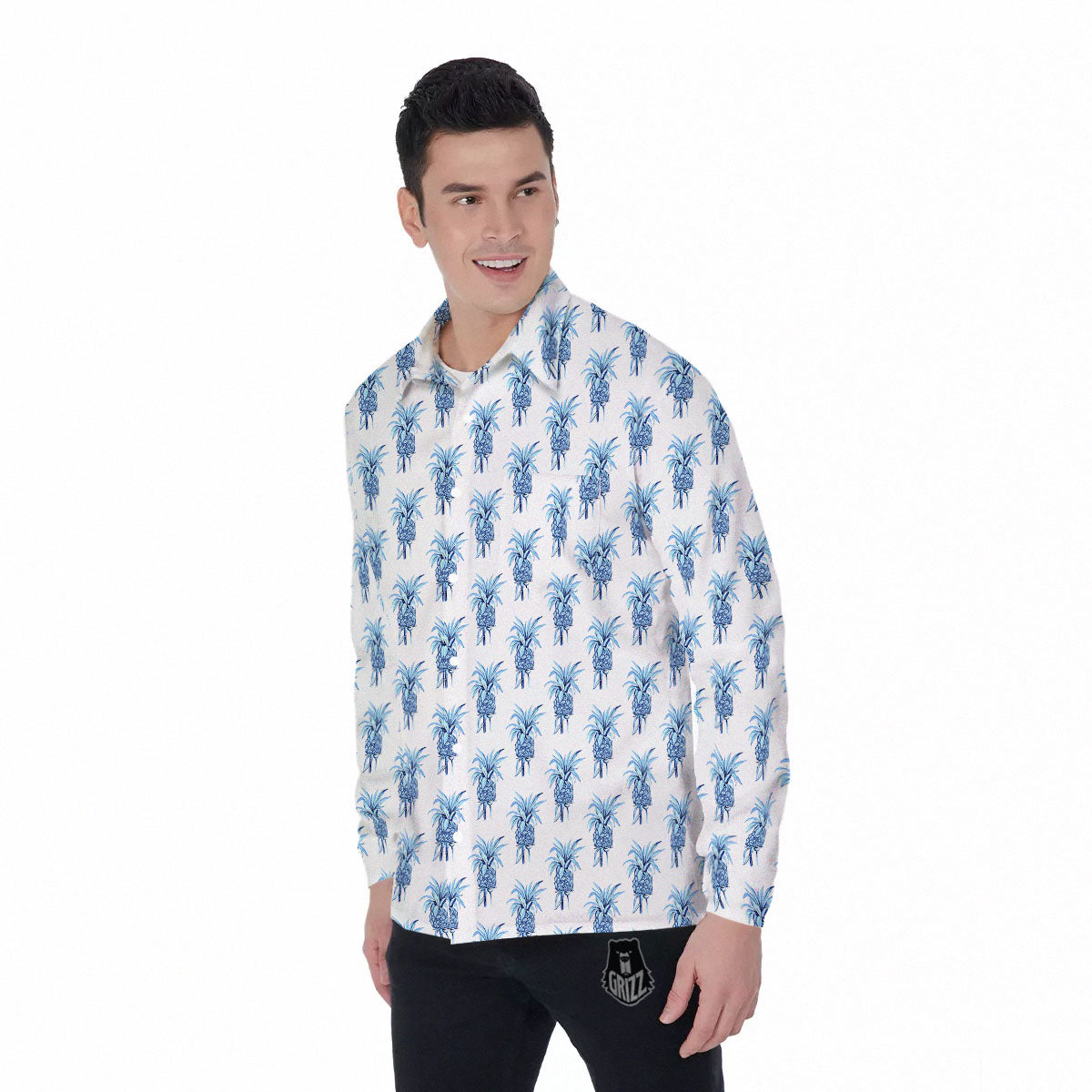 Pineapple Blue Leaf Print Pattern Men's Long Sleeve Shirts-grizzshop