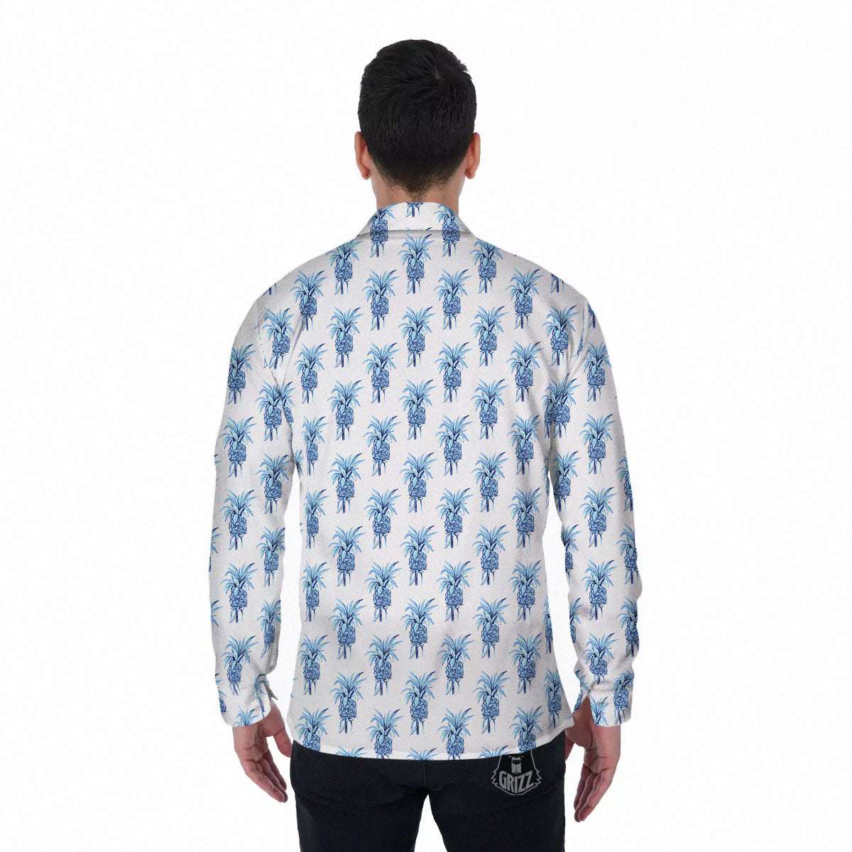Pineapple Blue Leaf Print Pattern Men's Long Sleeve Shirts-grizzshop