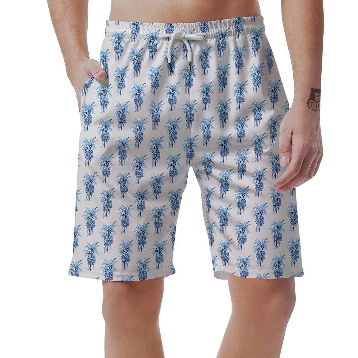 Pineapple Blue Leaf Print Pattern Men's Shorts-grizzshop