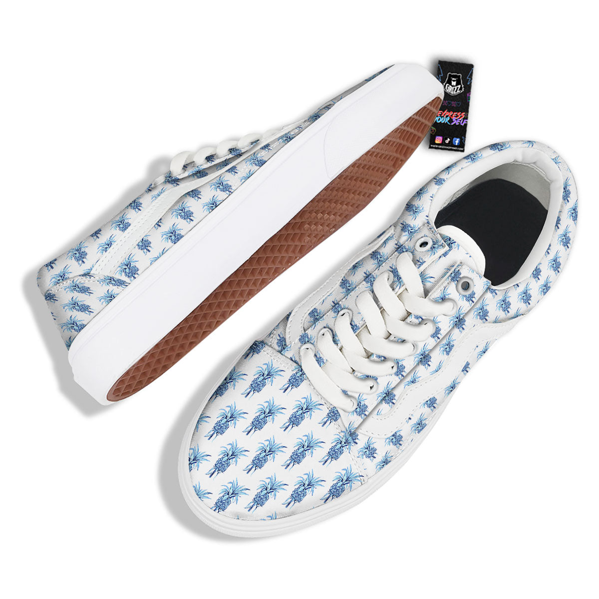Pineapple Blue Leaf Print Pattern Skate Shoes-grizzshop
