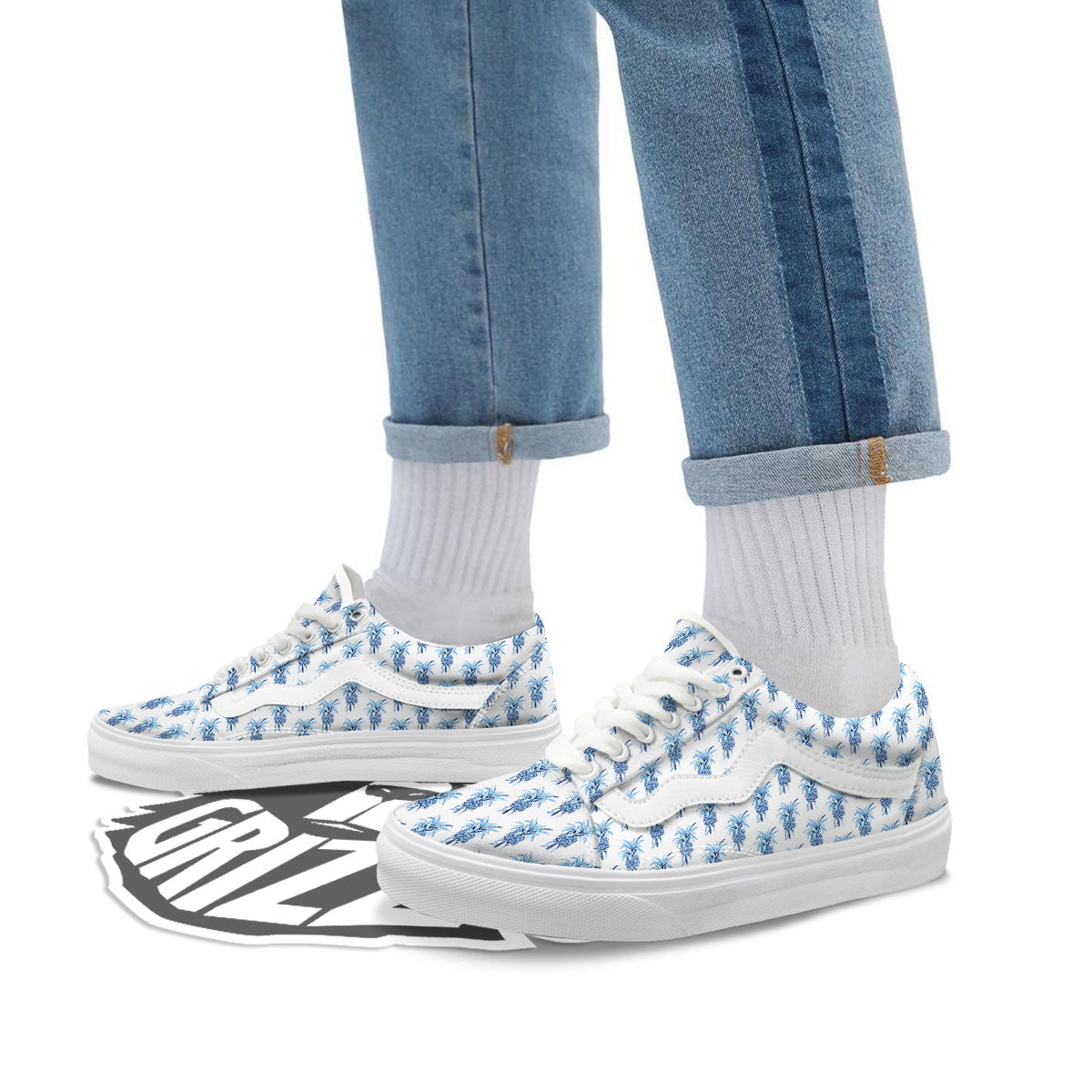 Pineapple Blue Leaf Print Pattern Skate Shoes-grizzshop