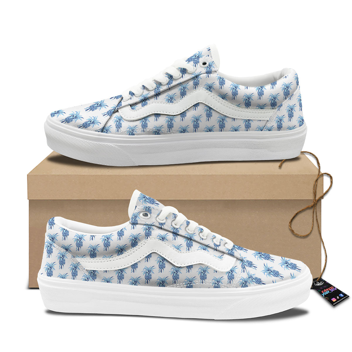 Pineapple Blue Leaf Print Pattern Skate Shoes-grizzshop