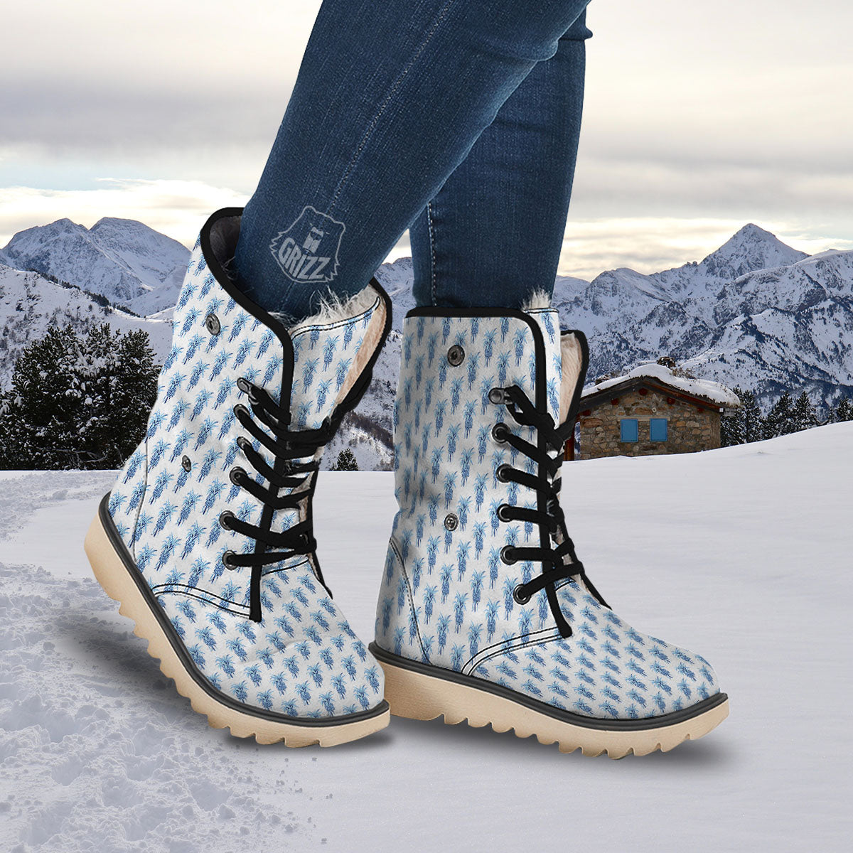 Pineapple Blue Leaf Print Pattern Snow Boots-grizzshop