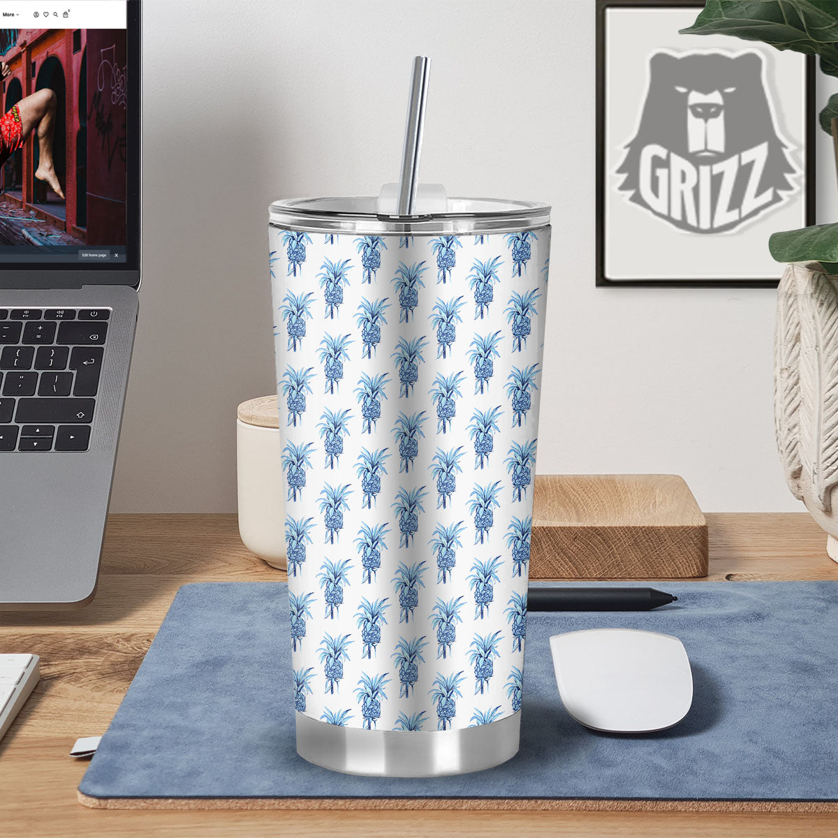 Pineapple Blue Leaf Print Pattern Tumbler-grizzshop