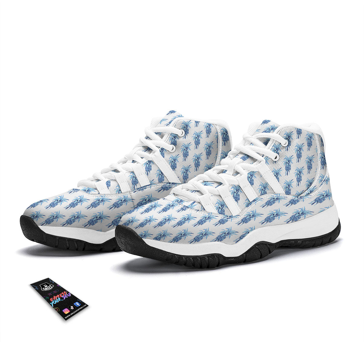 Pineapple Blue Leaf Print Pattern White Bball Shoes-grizzshop
