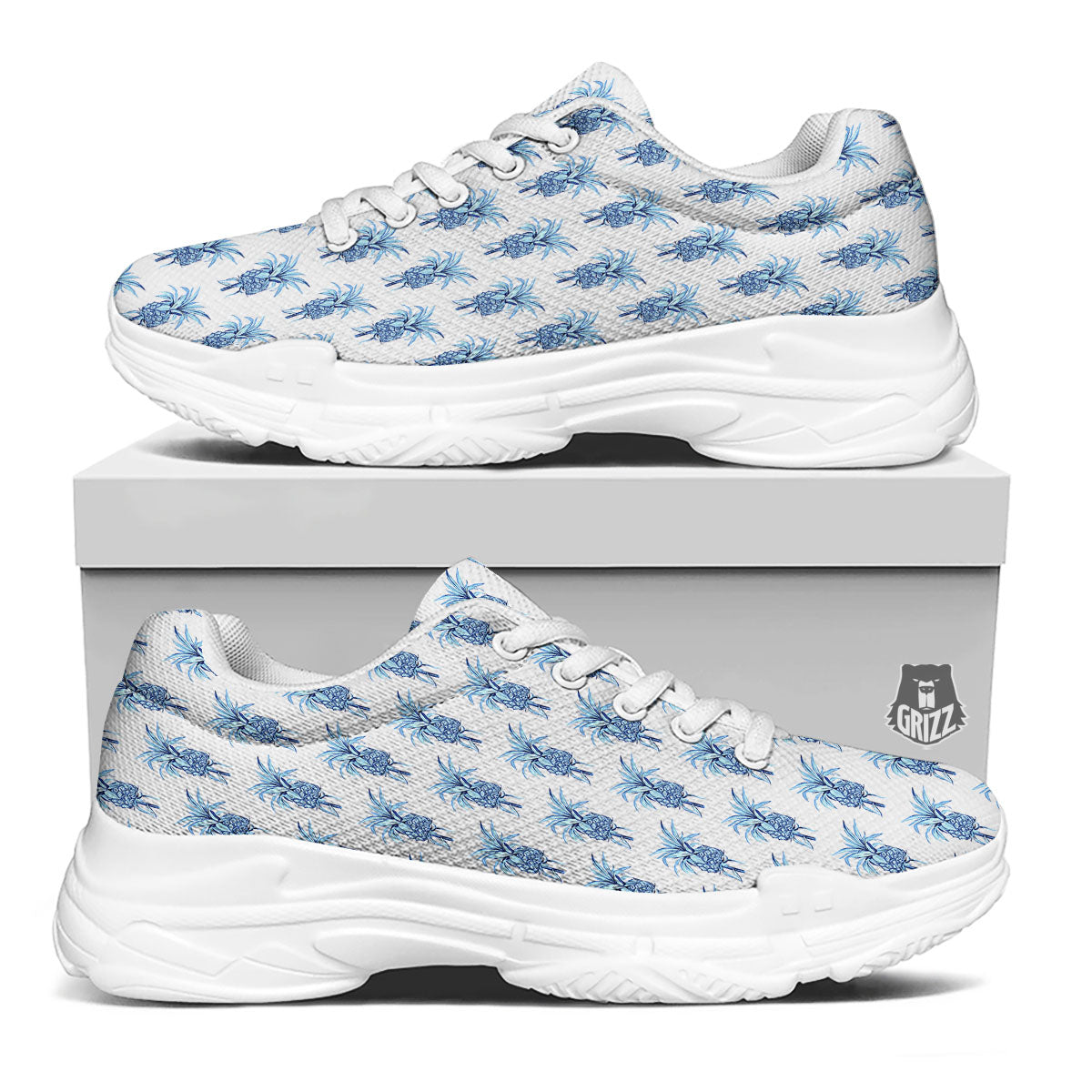 Pineapple Blue Leaf Print Pattern White Chunky Shoes-grizzshop