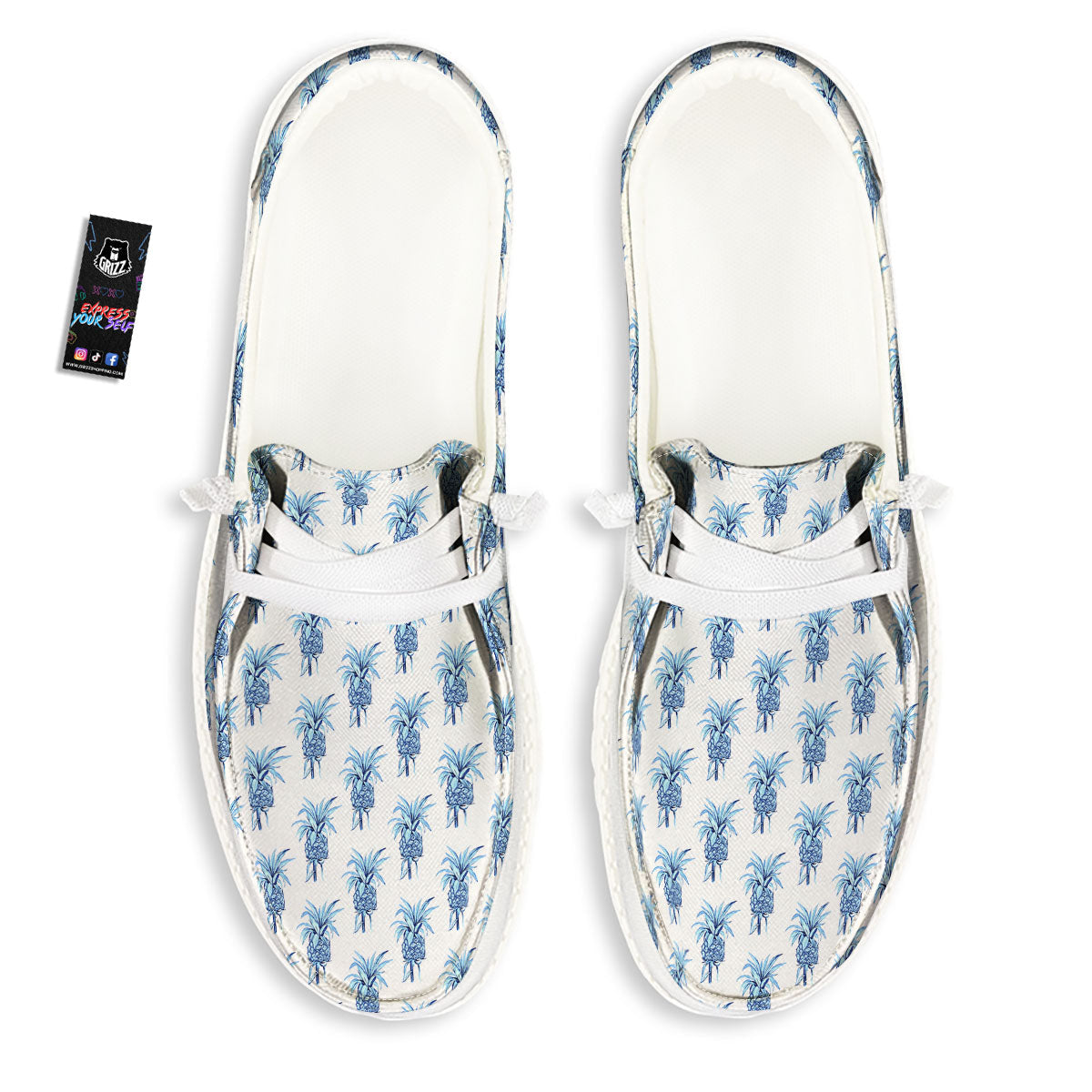 Pineapple Blue Leaf Print Pattern White Loafers-grizzshop
