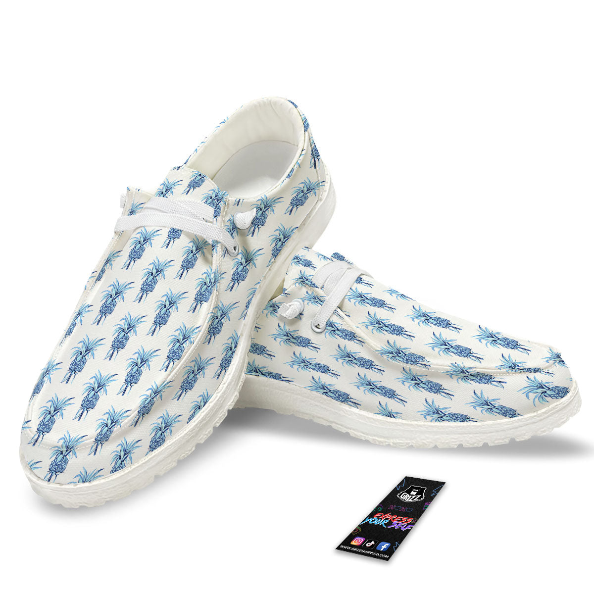 Pineapple Blue Leaf Print Pattern White Loafers-grizzshop