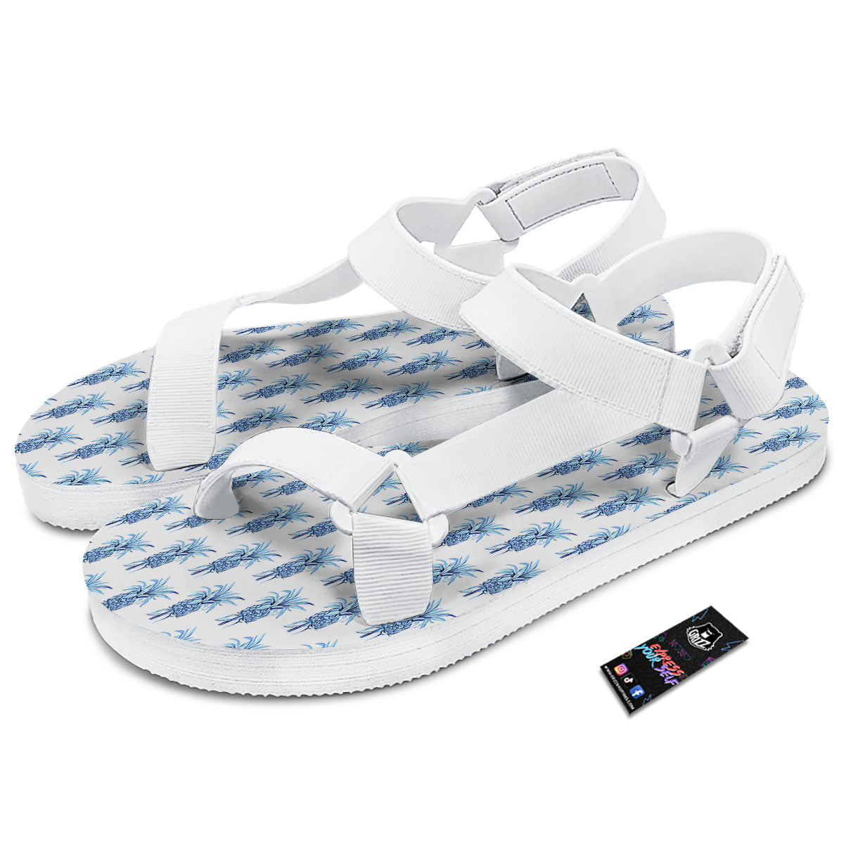 Pineapple Blue Leaf Print Pattern White Open Toe Sandals-grizzshop