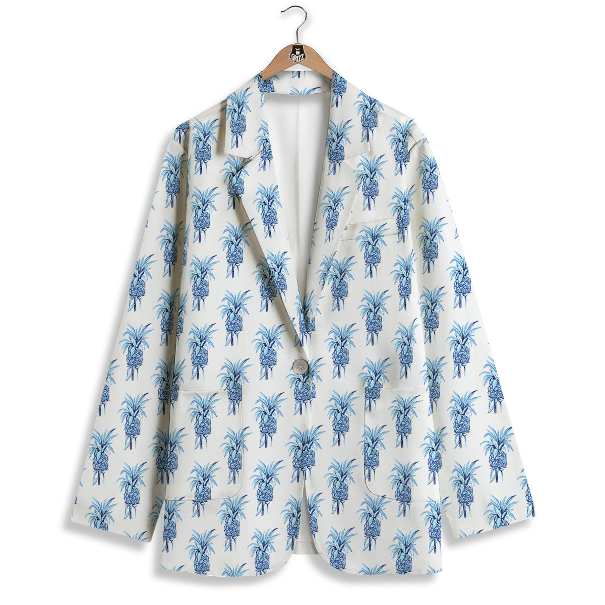 Pineapple Blue Leaf Print Pattern Women's Blazer-grizzshop