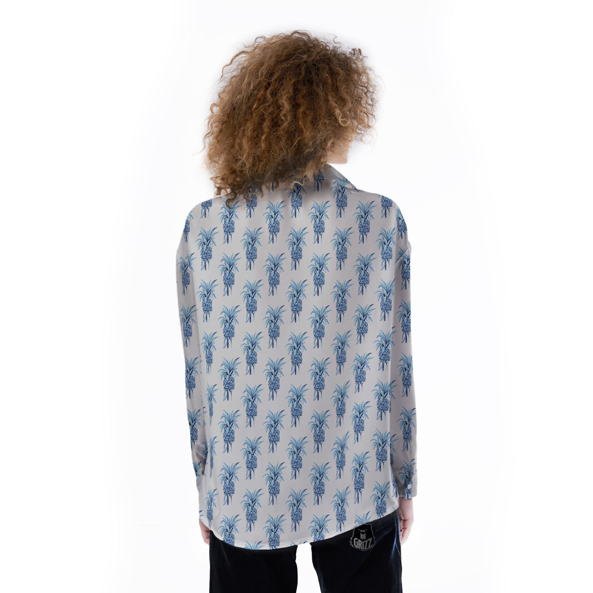 Pineapple Blue Leaf Print Pattern Women's Long Sleeve Shirts-grizzshop