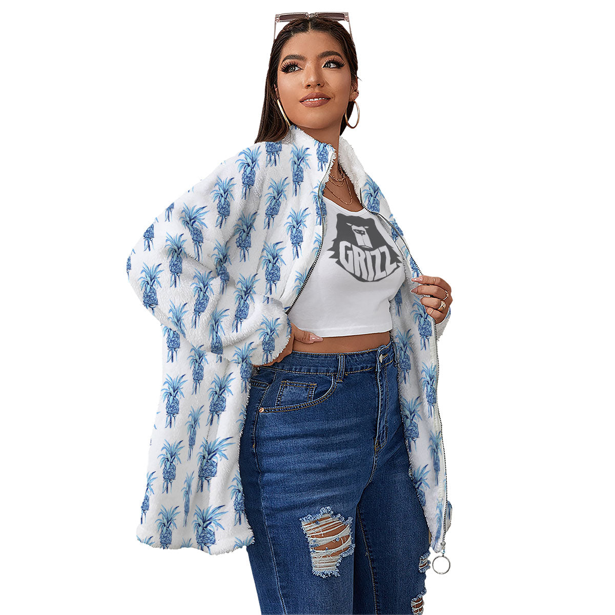 Pineapple Blue Leaf Print Pattern Women's Sherpa Jacket-grizzshop