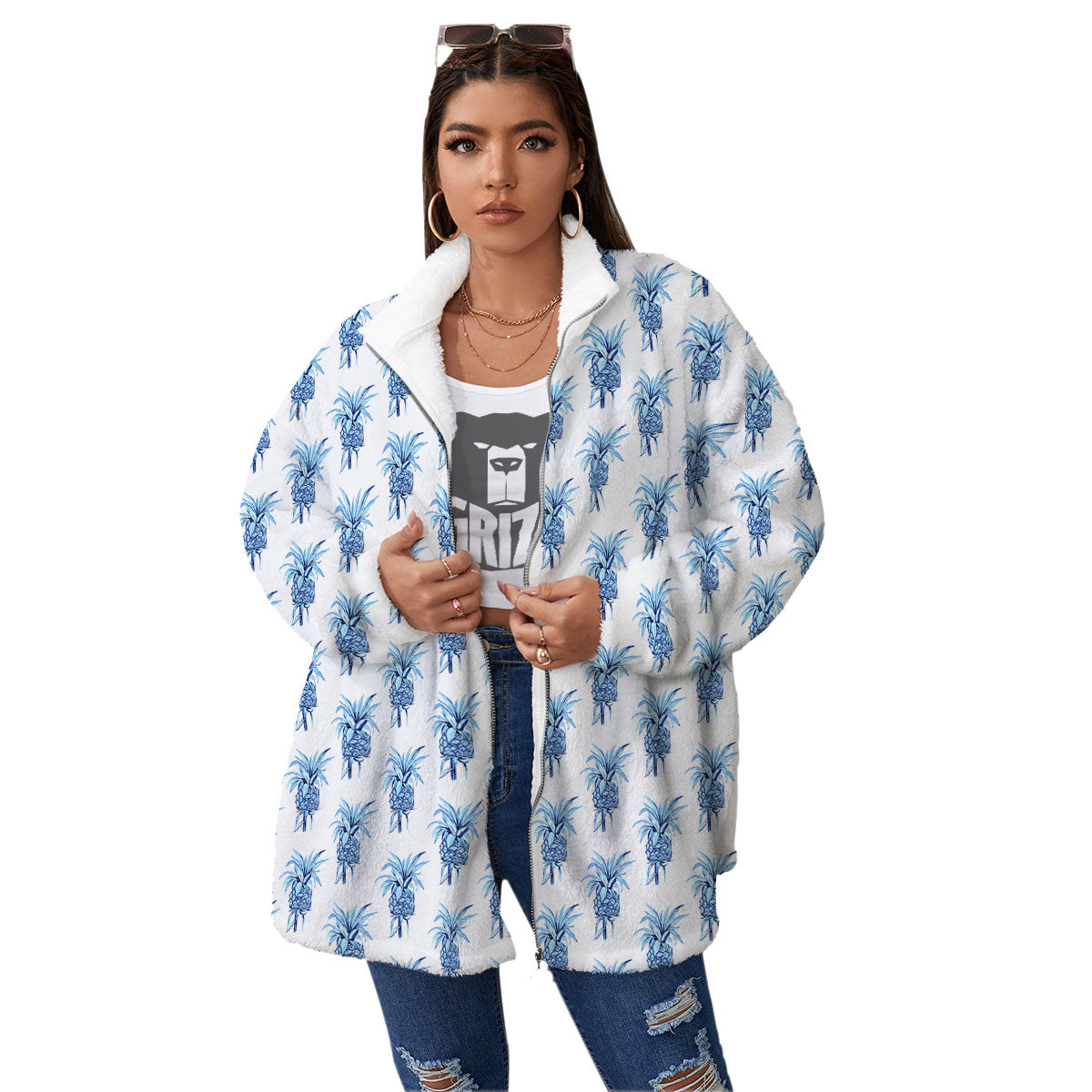 Pineapple Blue Leaf Print Pattern Women's Sherpa Jacket-grizzshop