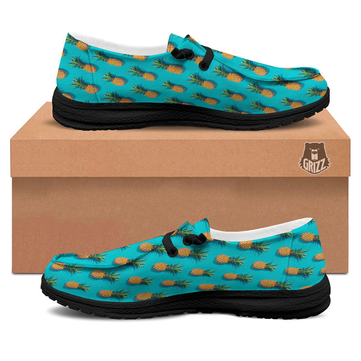 Pineapple Blue Print Pattern Black Loafers-grizzshop