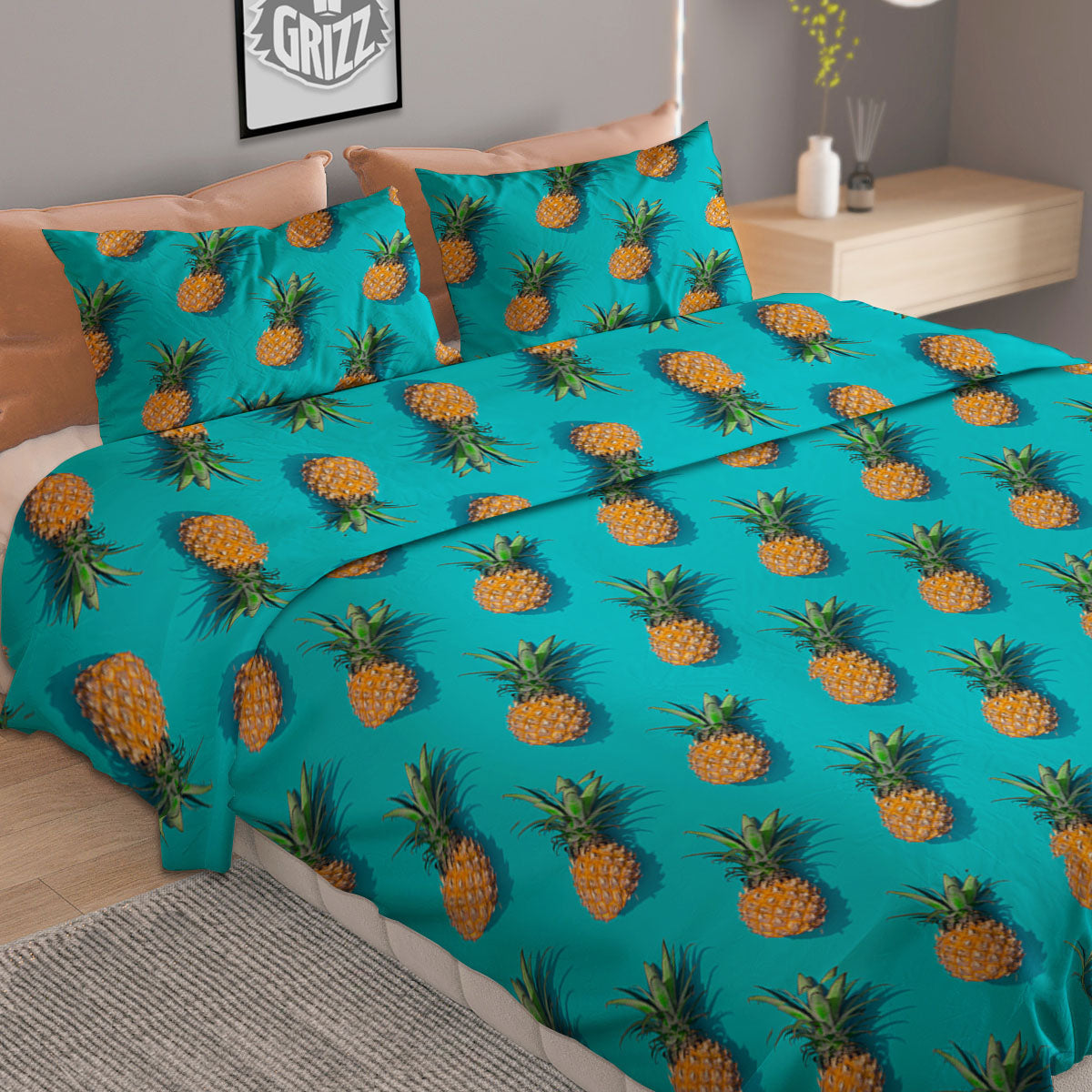 Pineapple Blue Print Pattern Duvet Cover Bedding Set-grizzshop