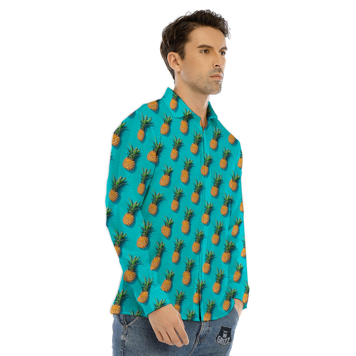Pineapple Blue Print Pattern Men's Dress Shirts-grizzshop