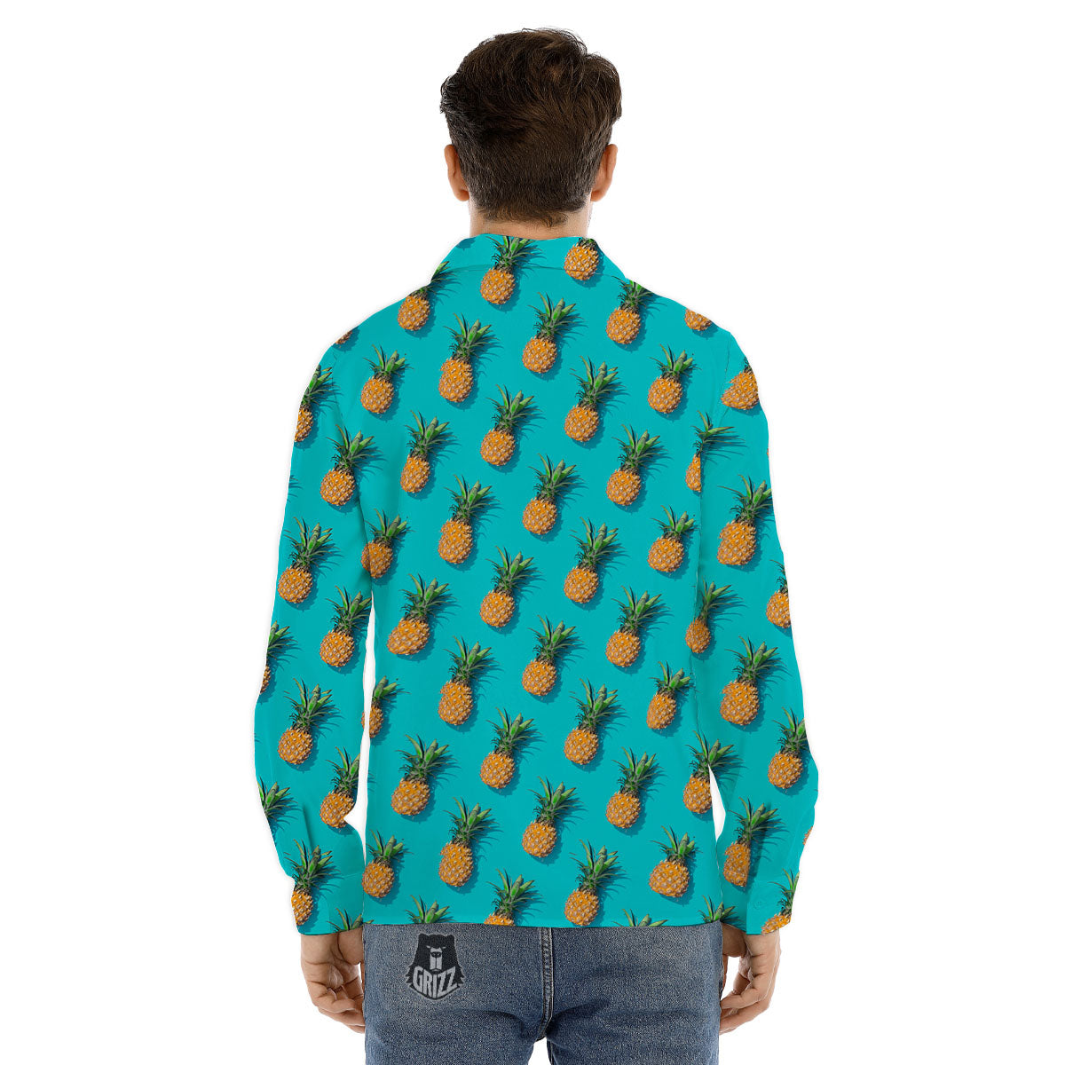 Pineapple Blue Print Pattern Men's Dress Shirts-grizzshop