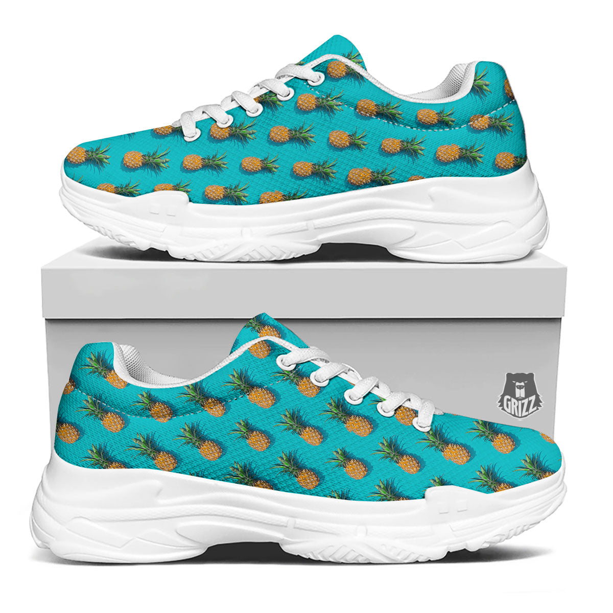 Pineapple Blue Print Pattern White Chunky Shoes-grizzshop