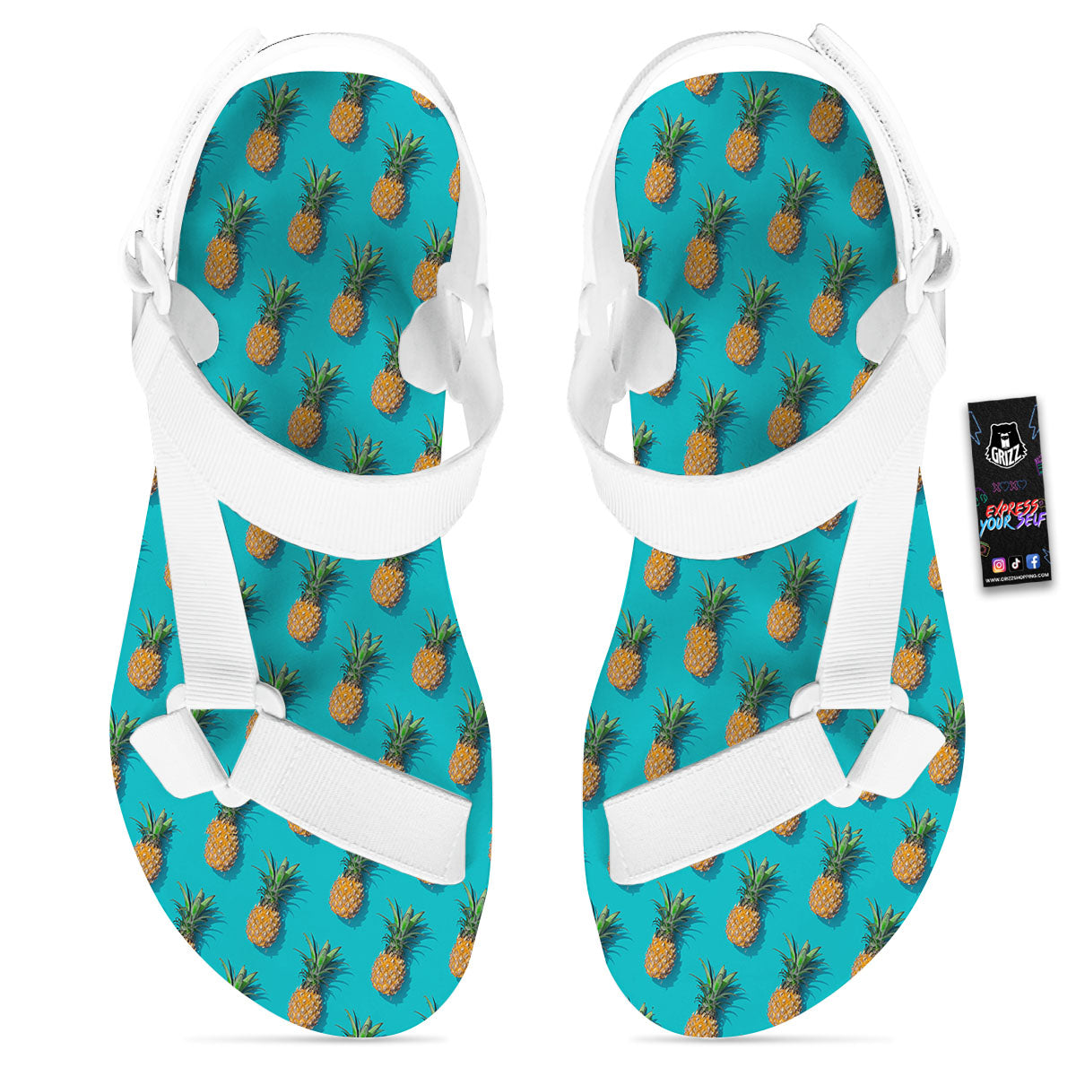 Pineapple Blue Print Pattern White Open Toe Sandals-grizzshop
