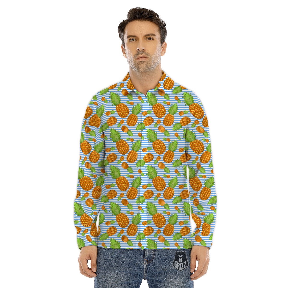 Pineapple Blue Striped Print Pattern Men's Dress Shirts-grizzshop