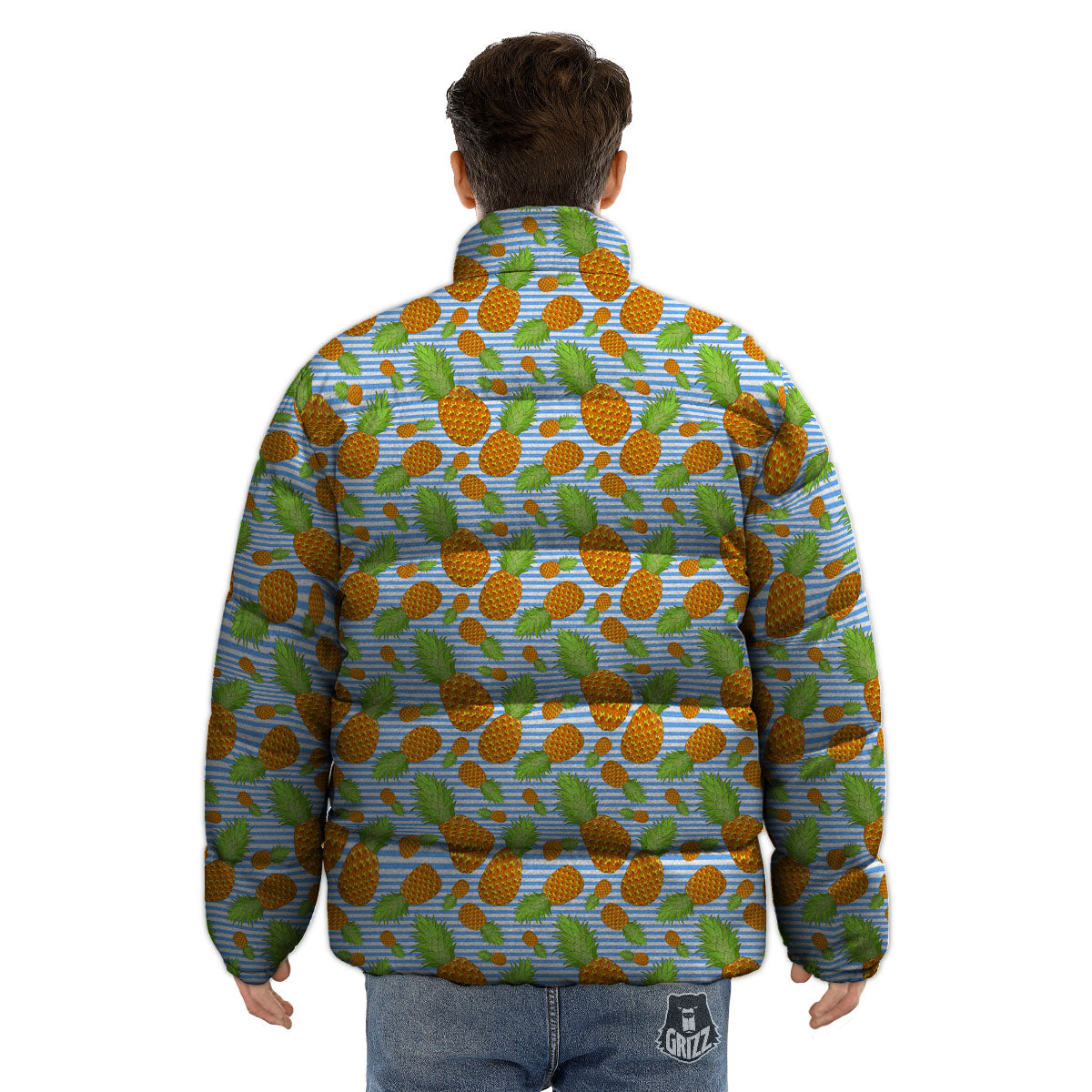 Pineapple Blue Striped Print Pattern Puffer Jacket-grizzshop
