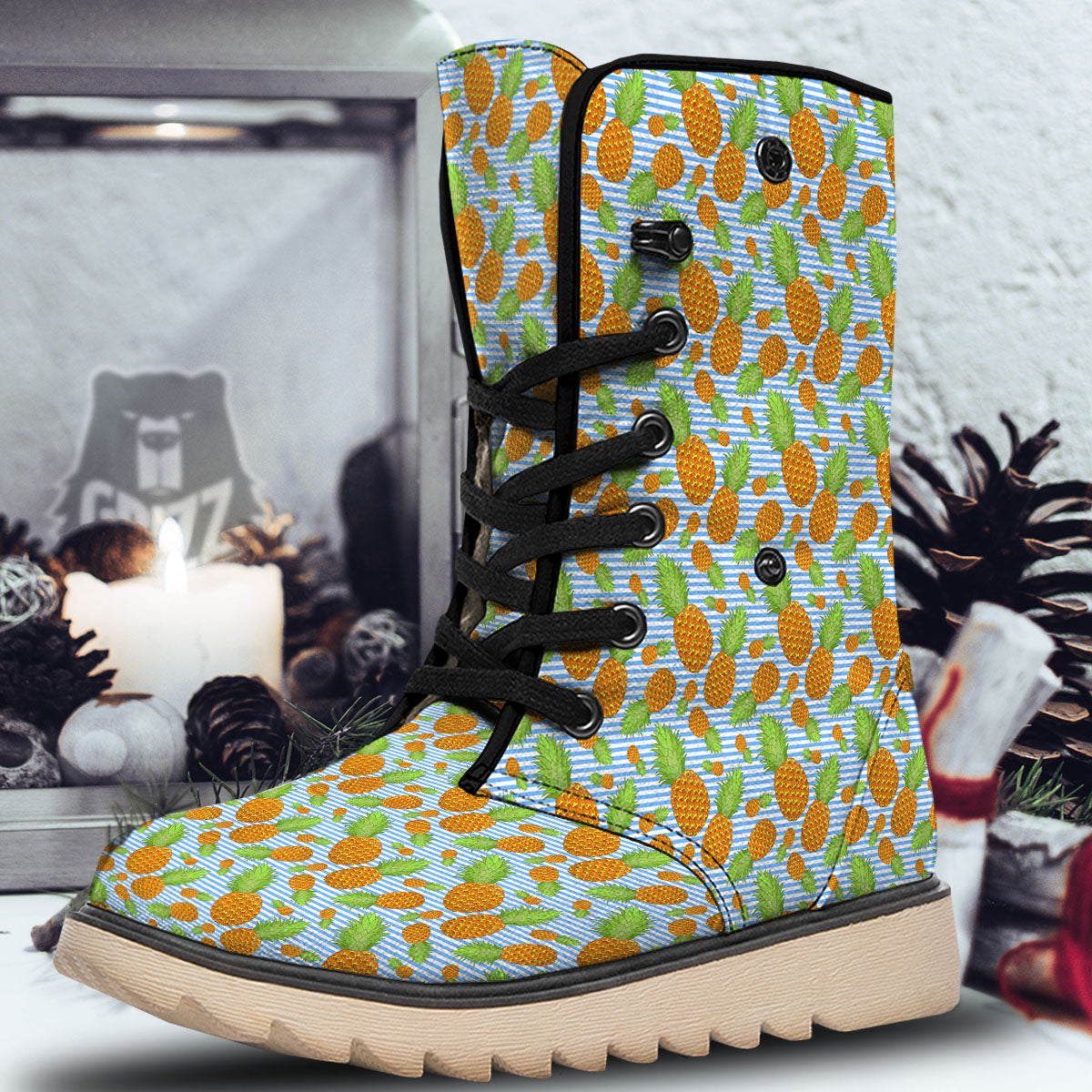 Pineapple Blue Striped Print Pattern Snow Boots-grizzshop