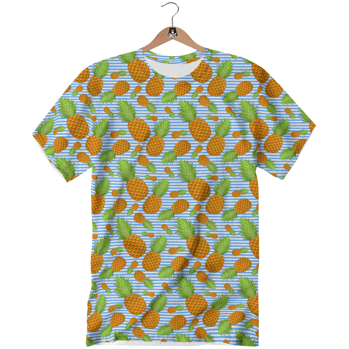 Pineapple Blue Striped Print Pattern T-Shirt-grizzshop