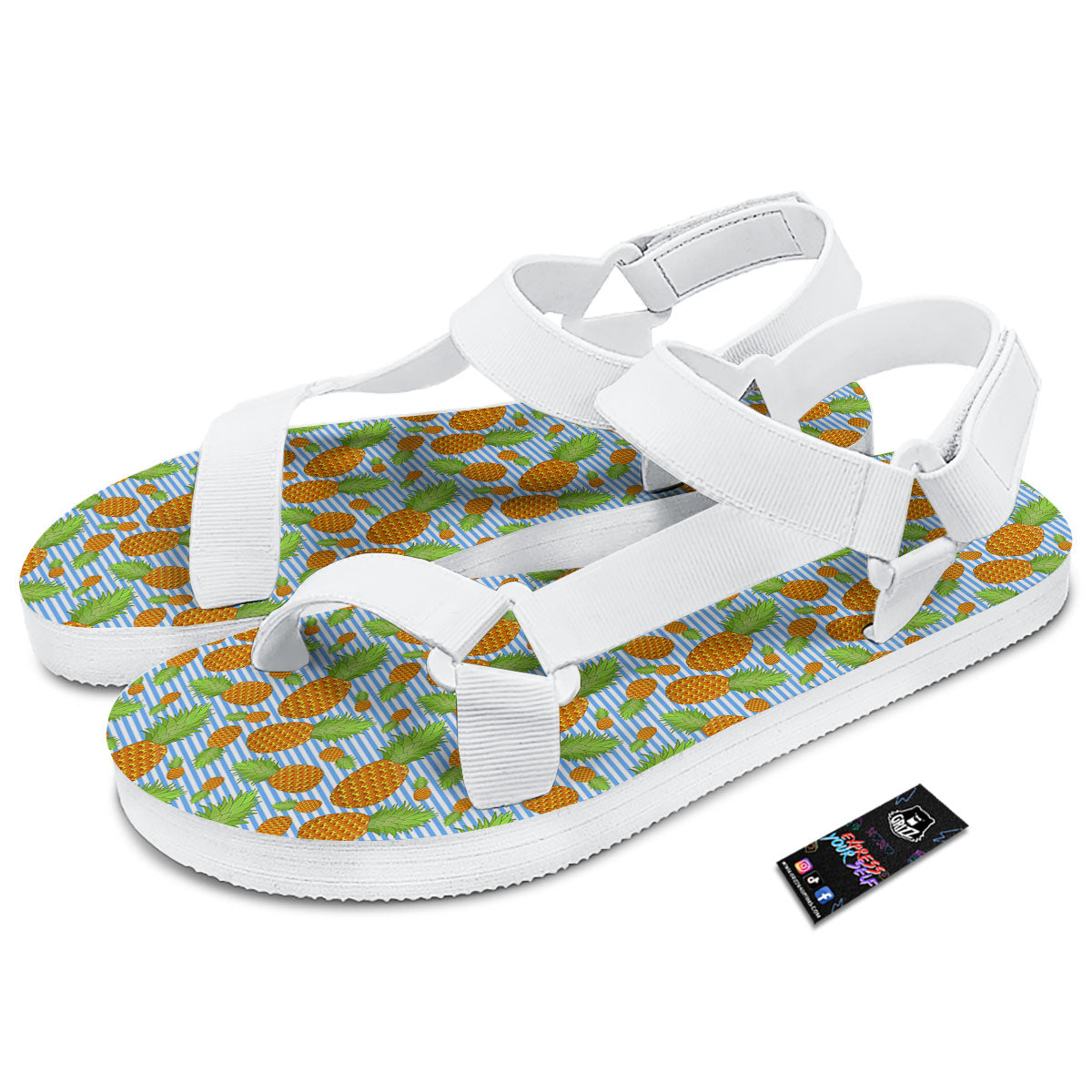 Pineapple Blue Striped Print Pattern White Open Toe Sandals-grizzshop