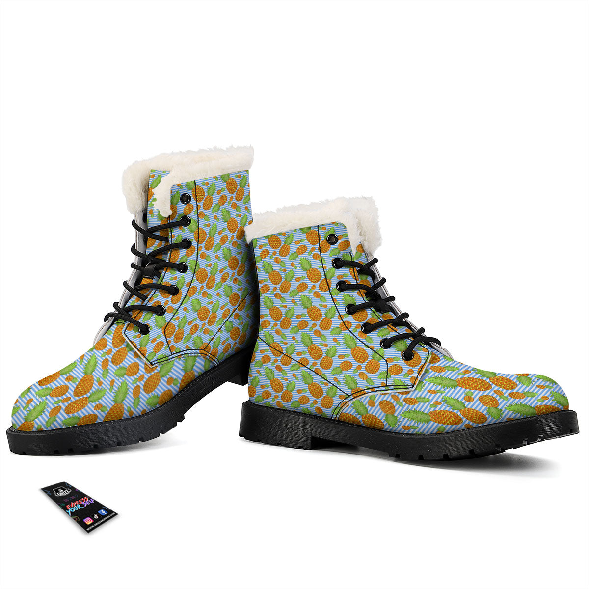 Pineapple Blue Striped Print Pattern Winter Boots-grizzshop