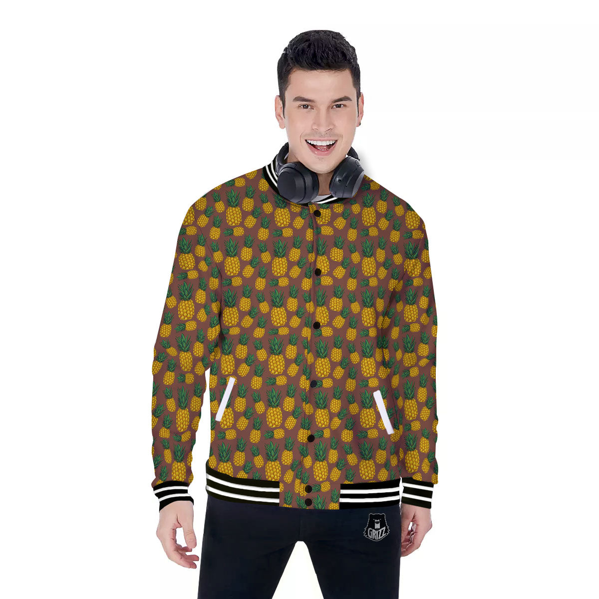 Pineapple Brown Print Pattern Baseball Jacket-grizzshop