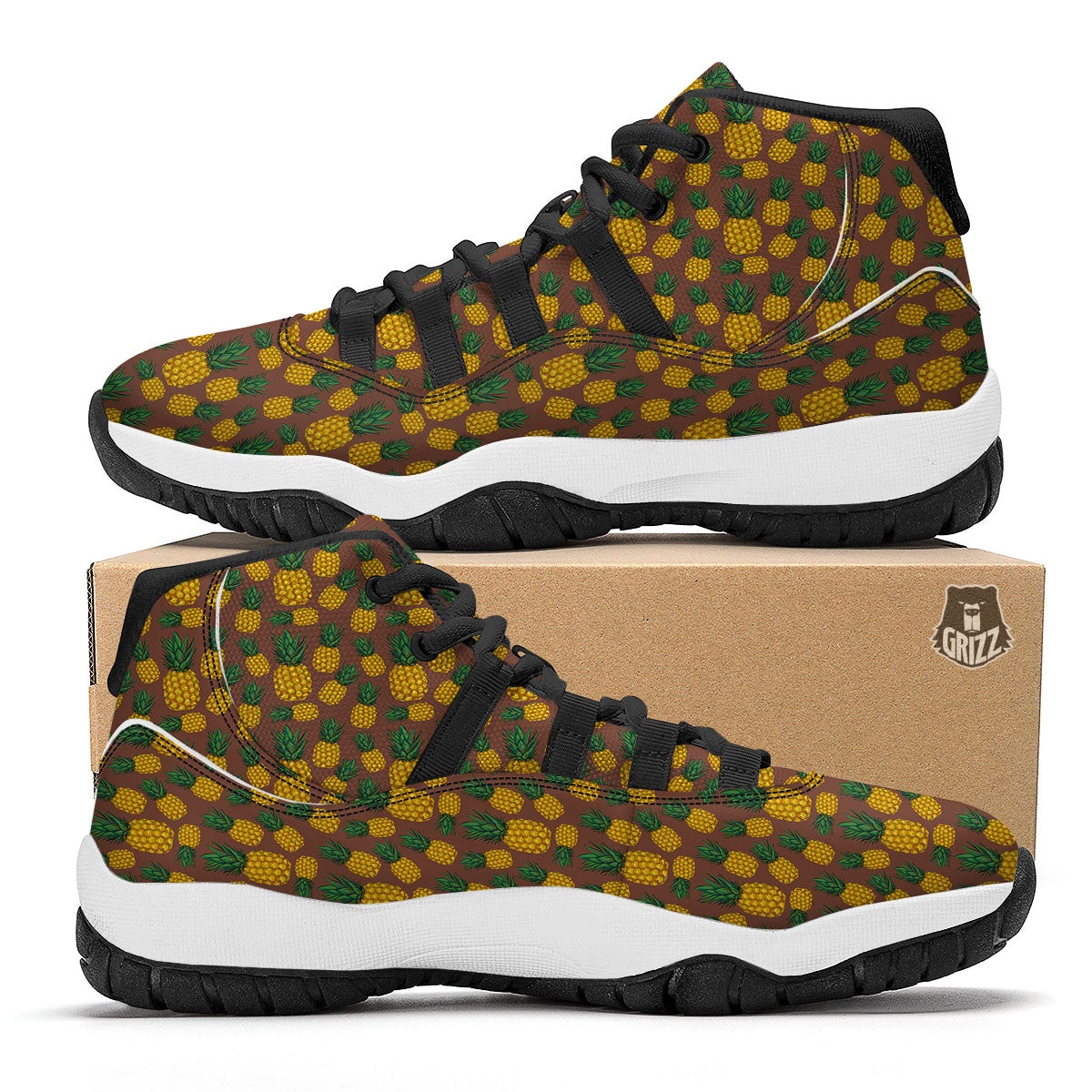 Pineapple Brown Print Pattern Black Bball Shoes-grizzshop