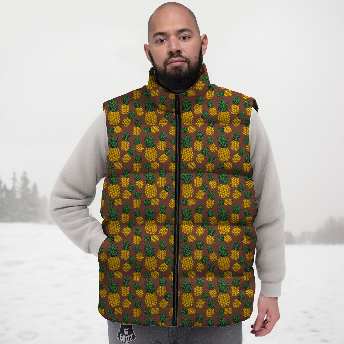 Pineapple Brown Print Pattern Down Vest-grizzshop