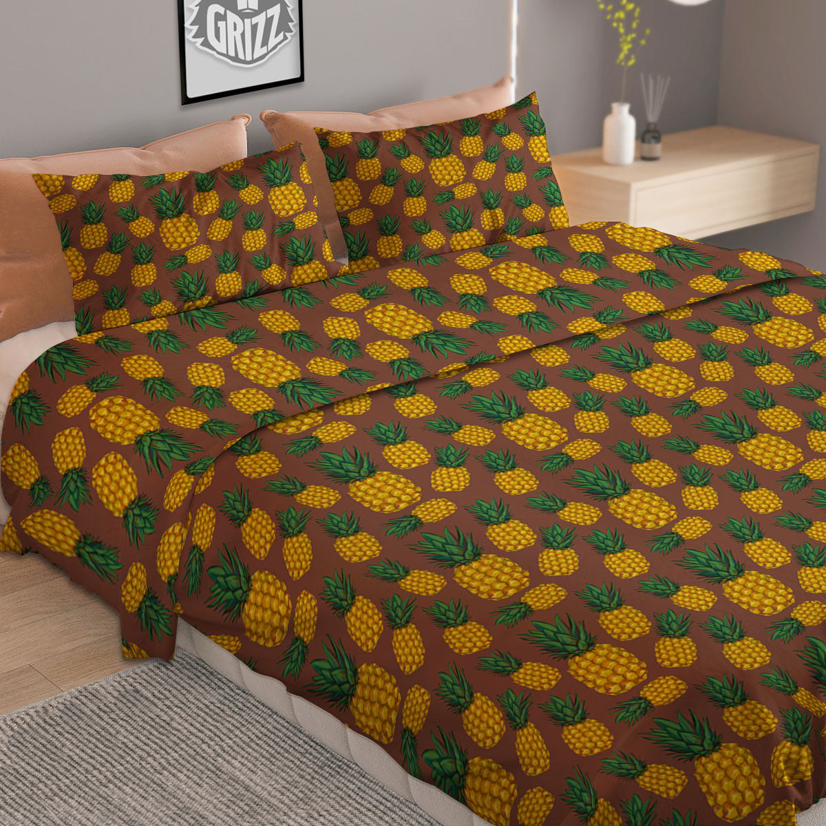 Pineapple Brown Print Pattern Duvet Cover Bedding Set-grizzshop