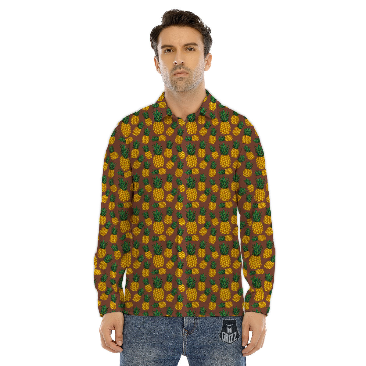 Pineapple Brown Print Pattern Men's Dress Shirts-grizzshop