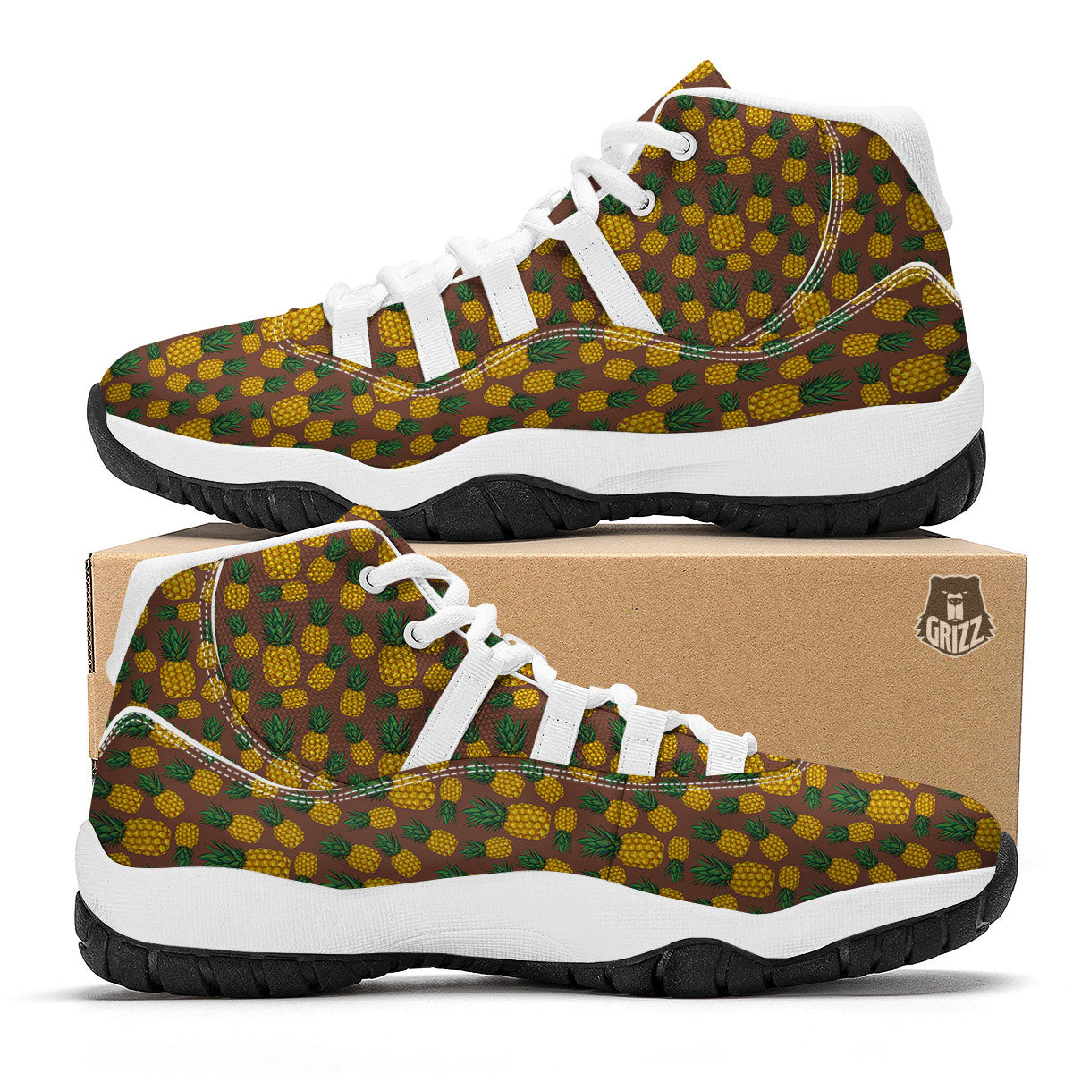 Pineapple Brown Print Pattern White Bball Shoes-grizzshop