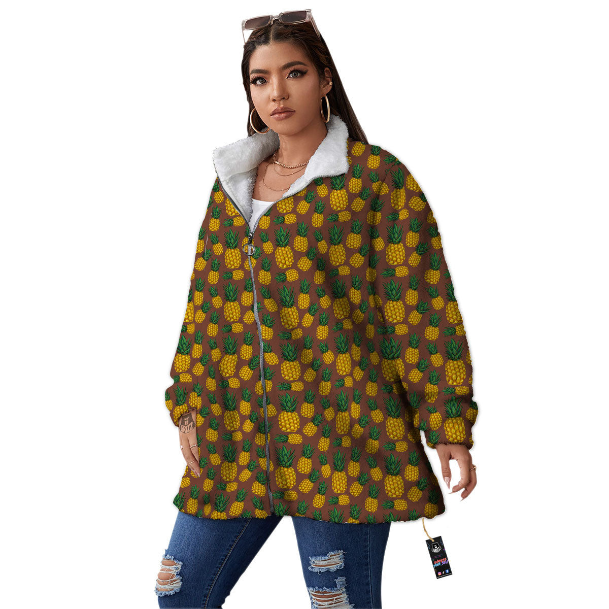 Pineapple Brown Print Pattern Women's Sherpa Jacket-grizzshop