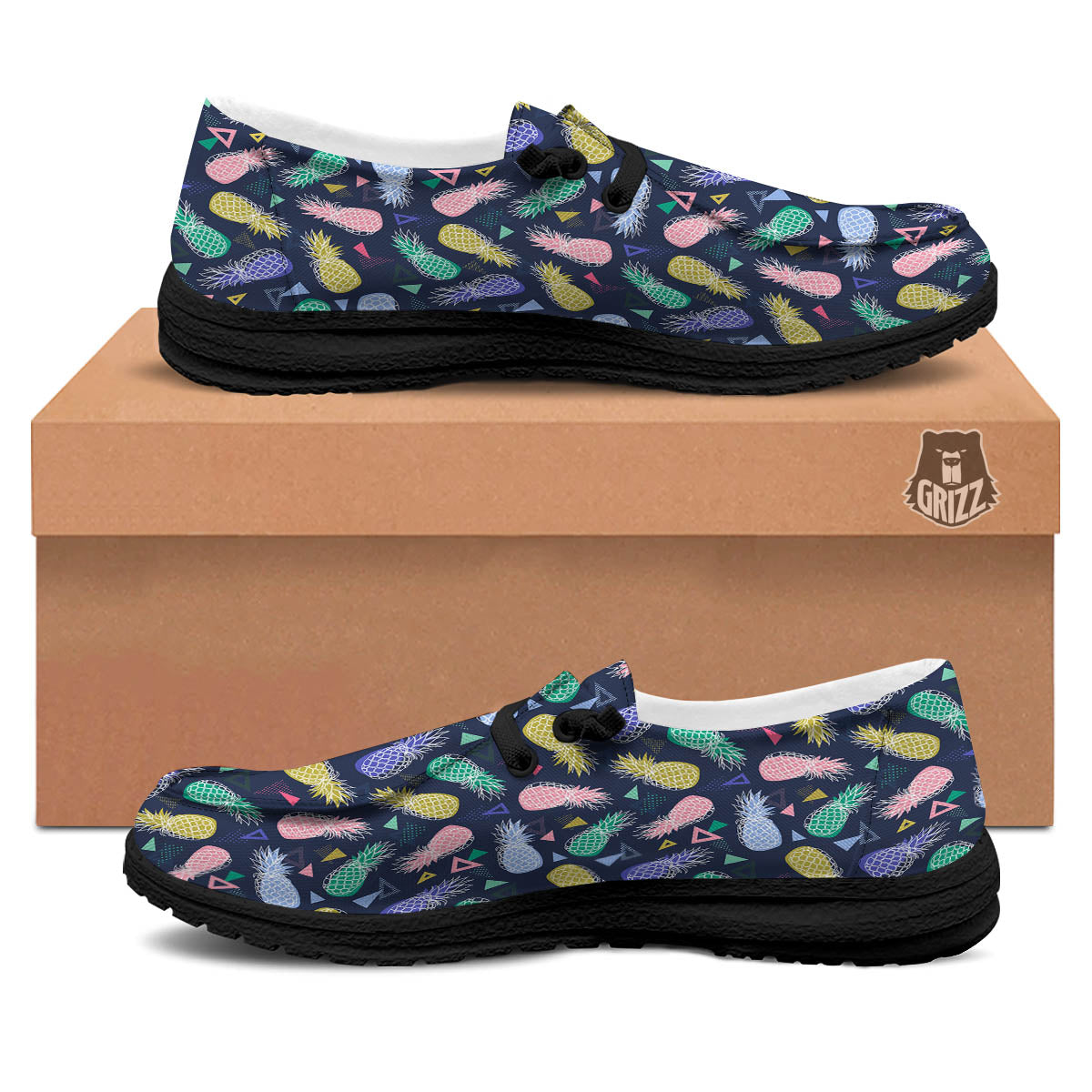 Pineapple Colorful Print Pattern Black Loafers-grizzshop